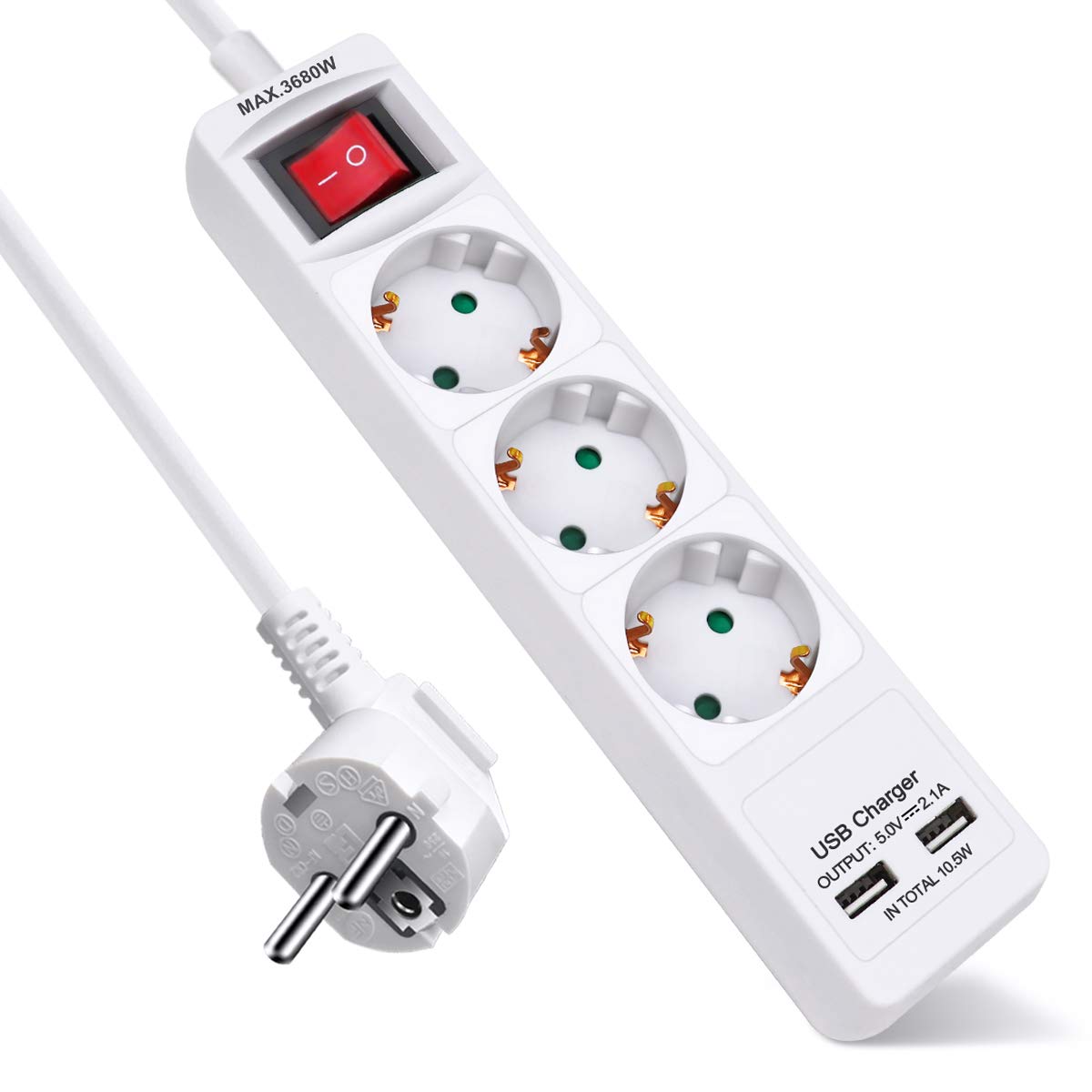 EXTRASTAR Regleta Enchufe con 3 Tomas y 2 Puertos de USB, Alargador Enchufe con Interruptor, 1.5 m, para El Hogar, La Oficina y Los Viajes, 3680W, Blanco, 1pc