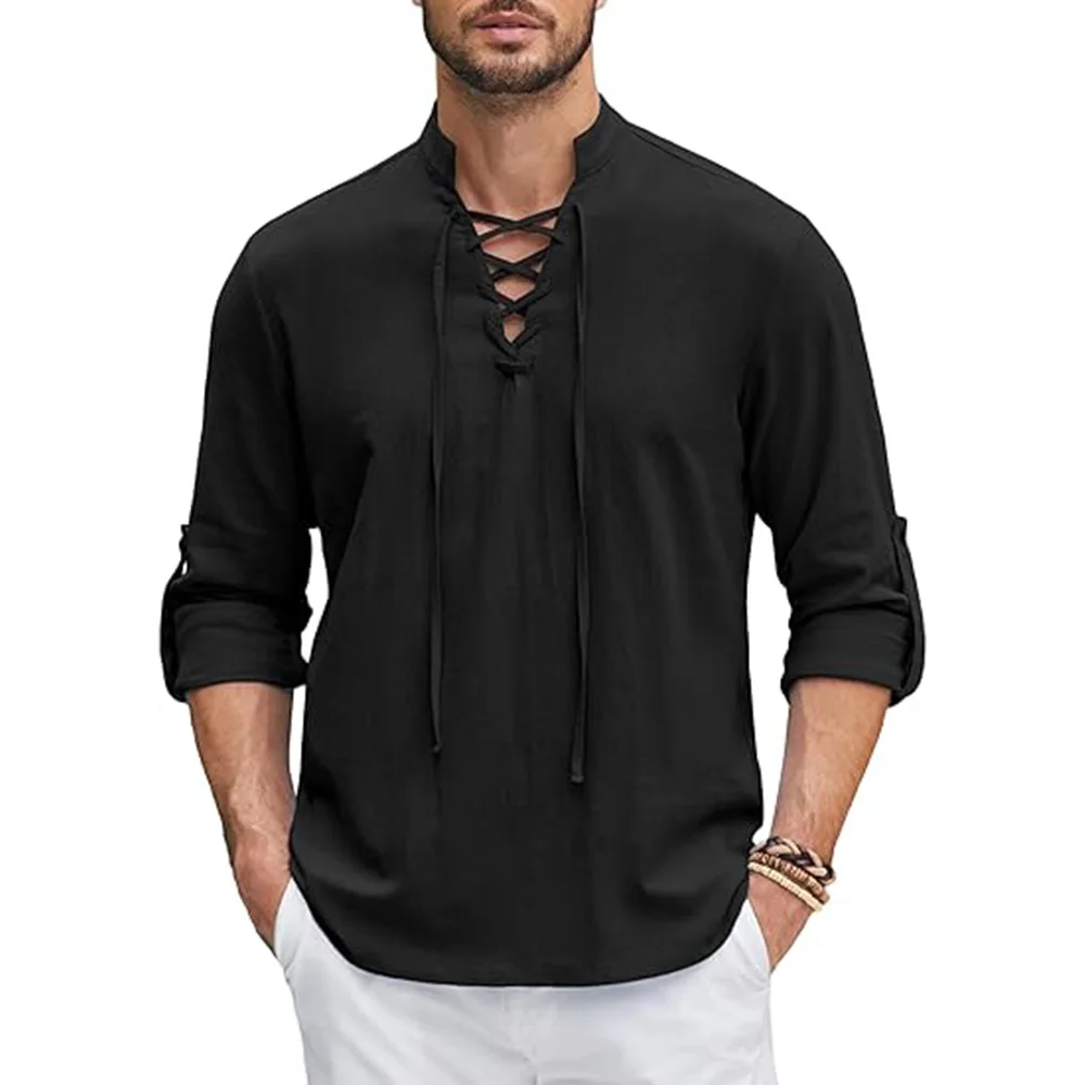 TK Camisa De Renacimiento Para Hombre Pirate Viking Medieval Algodón Lino Camisa De Manga Larga Para Halloween Disfraz Casual Diario