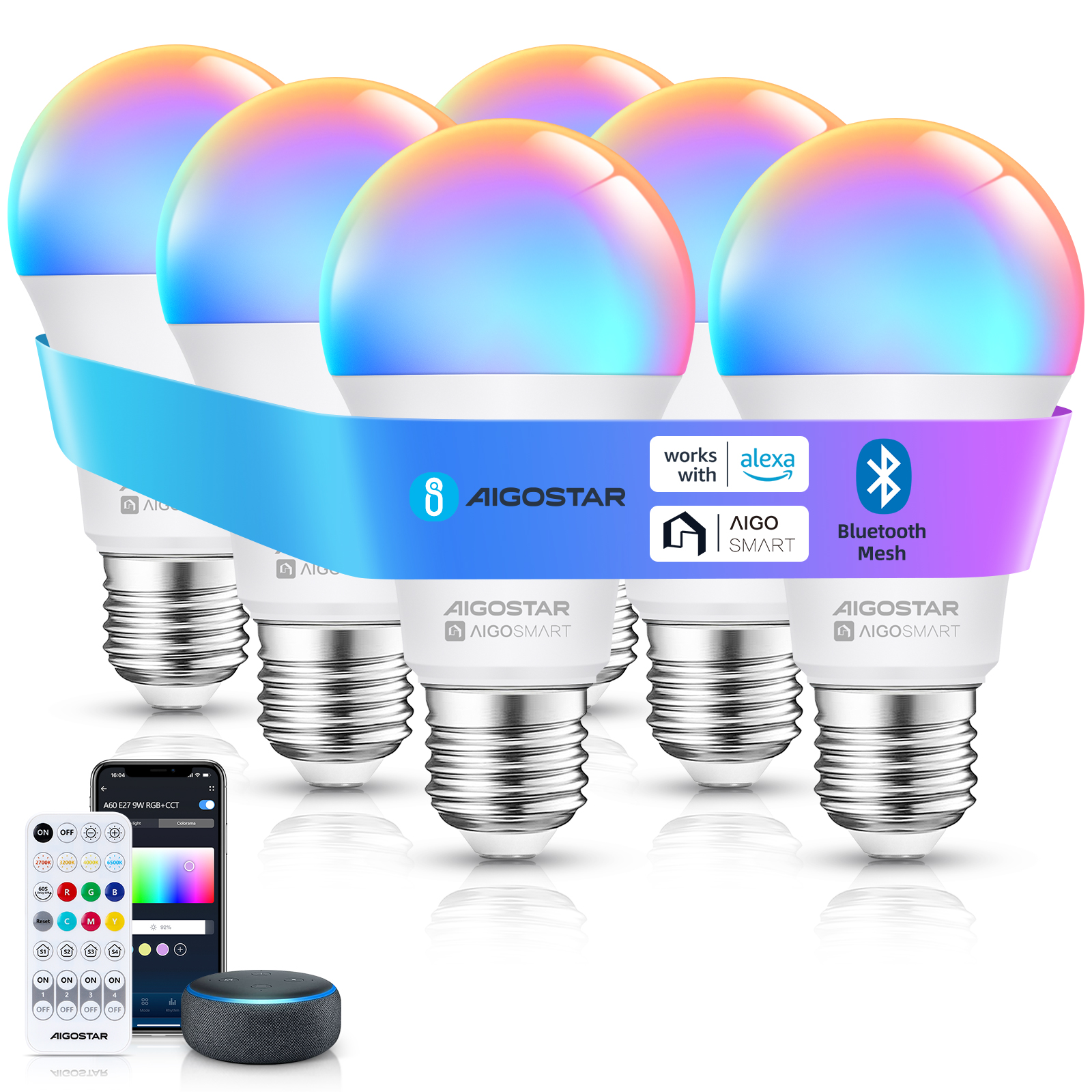 Aigostar Mesh- Bombilla inteligente Bluetooth Mesh, A60. 2700K-6500K y RGB regulable, E27, 9W. Bombilla LED inteligente compatible con Alexa y Google Home. Incluye mando a distancia. 6Uds