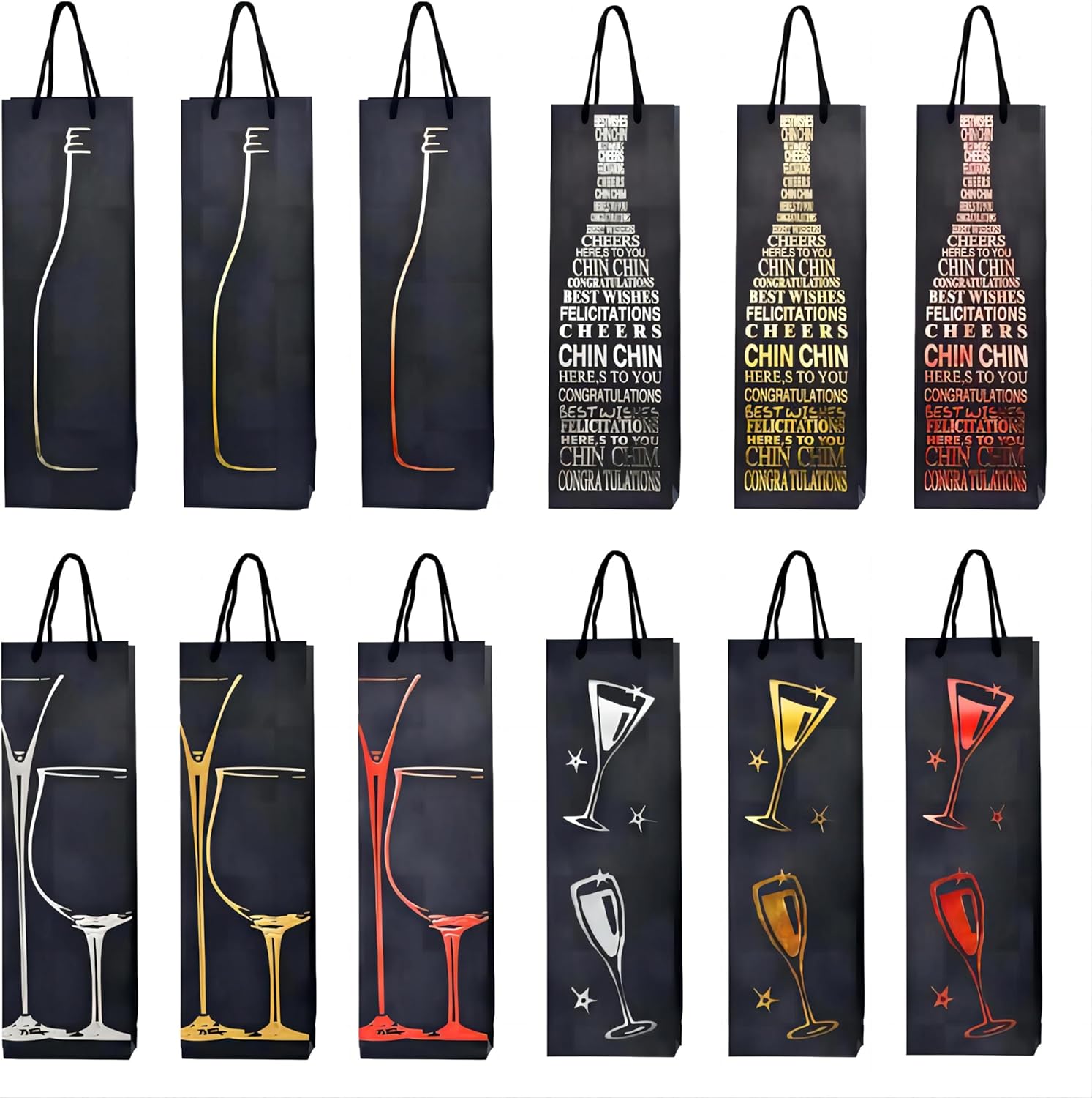 Pack de 12 Bolsas para Botellas de Vino Negras | Bolsas de Regalo Elegantes de Papel Grueso con Asa de Cuerda Resistente | Bolsa Individual para una Botella de Vino o Licor | Ideal para Regalos, Fiestas y Eventos