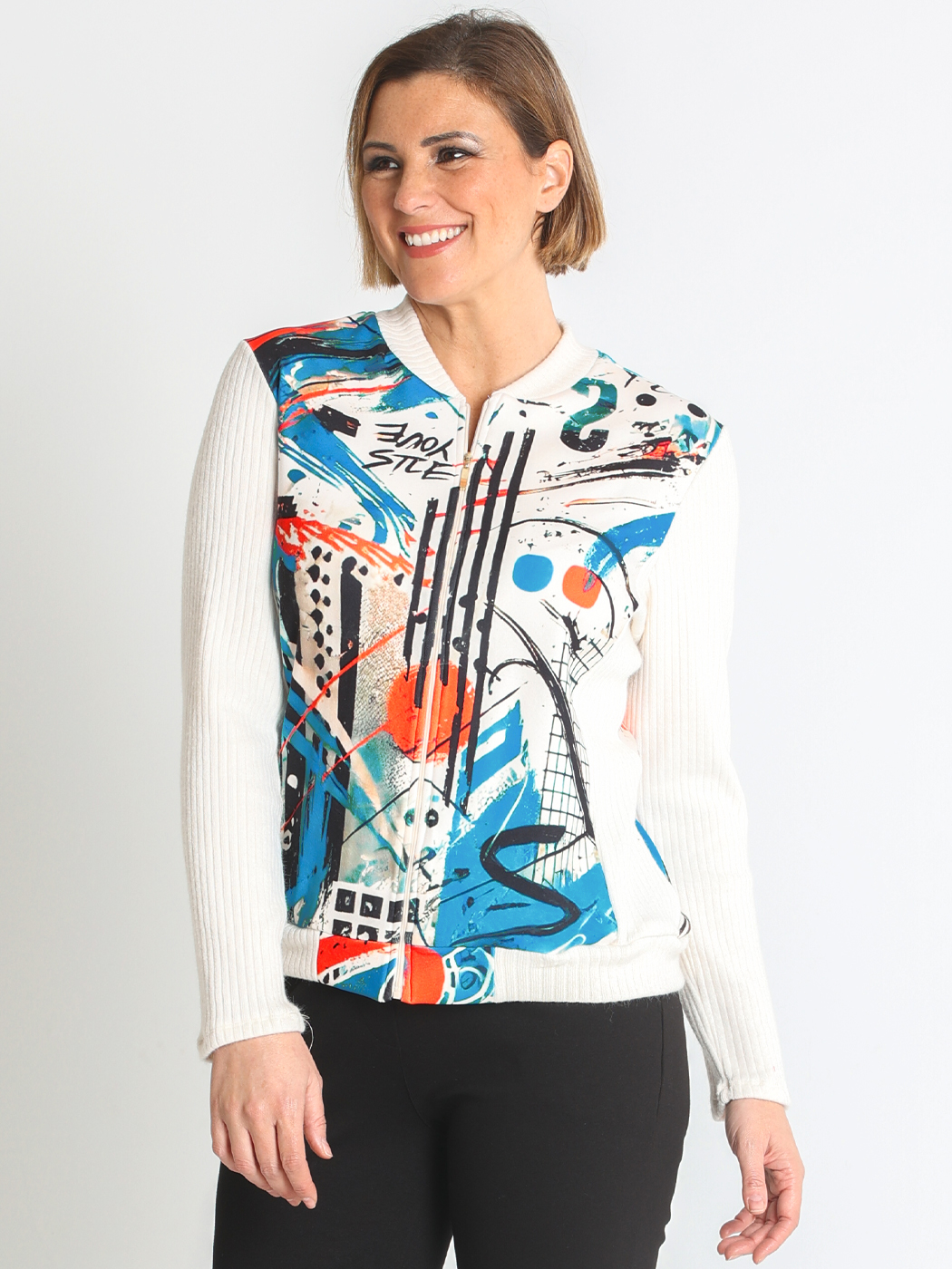 372074L  CHAQUETA PUNTO LANOSO ESTAMPADO ABSTRACTO