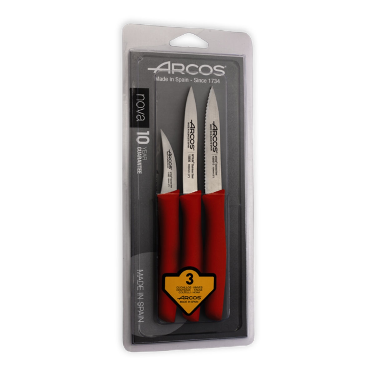 Arcos Nova Juego De Cuchillo Mondadores De Acero Inoxidable Nitrum Y Mango De Polipropileno Rojo 3 Piezas
