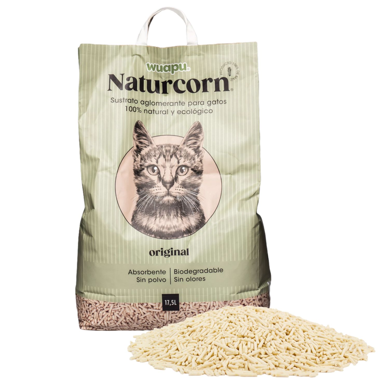 Wuapu – Arena absorbente Wuapu Naturcorn para gatos. 17,5 L