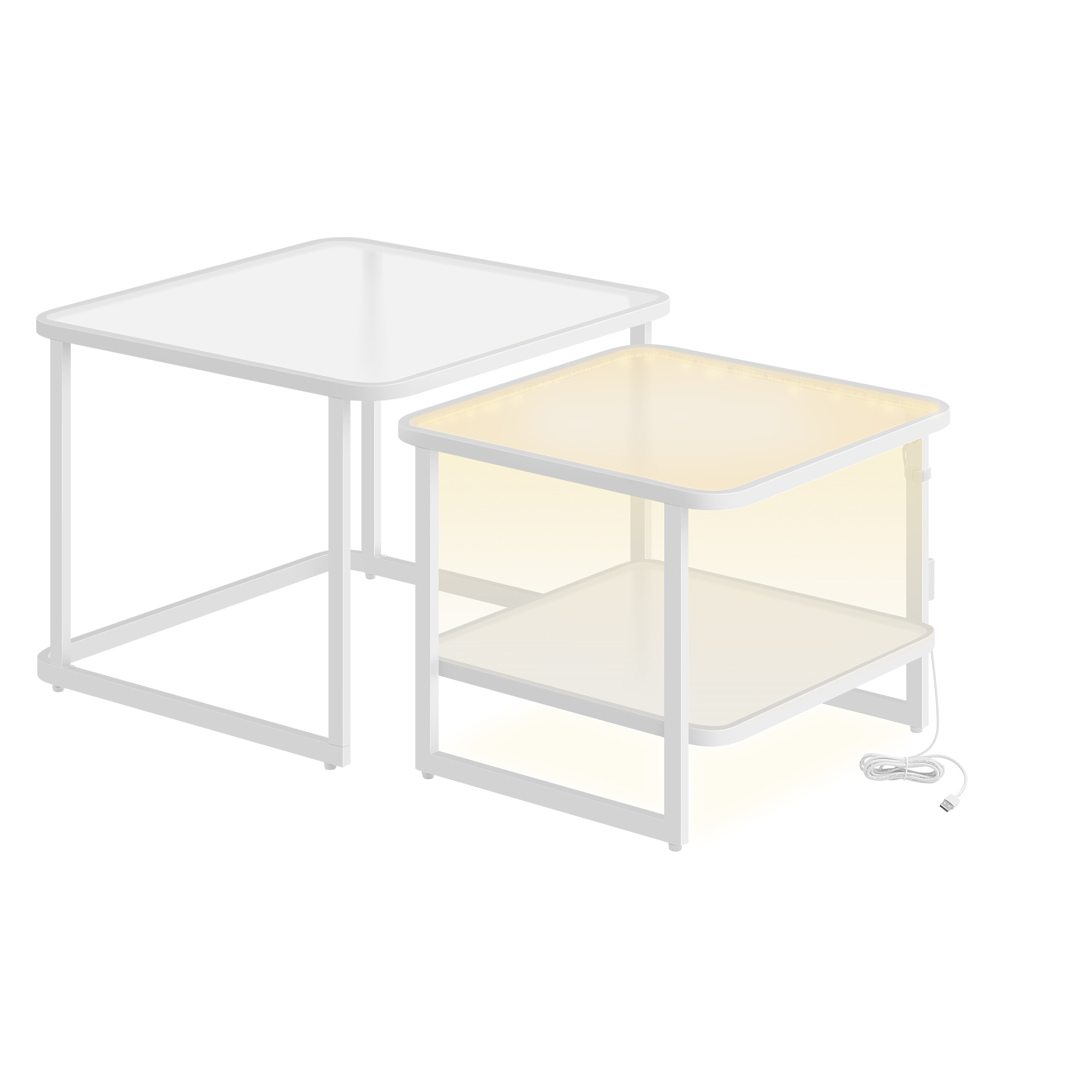 VASAGLE Mesas de Centro, Juego de 2 Mesas de Café con Luces LED, Mesas Auxiliares Cuadradas Modernas Encajables, Cristal Templado, para Salón, Dormitorio, Blanco Nube y Negro Tinta/Blanco Nube y Blanco Perla