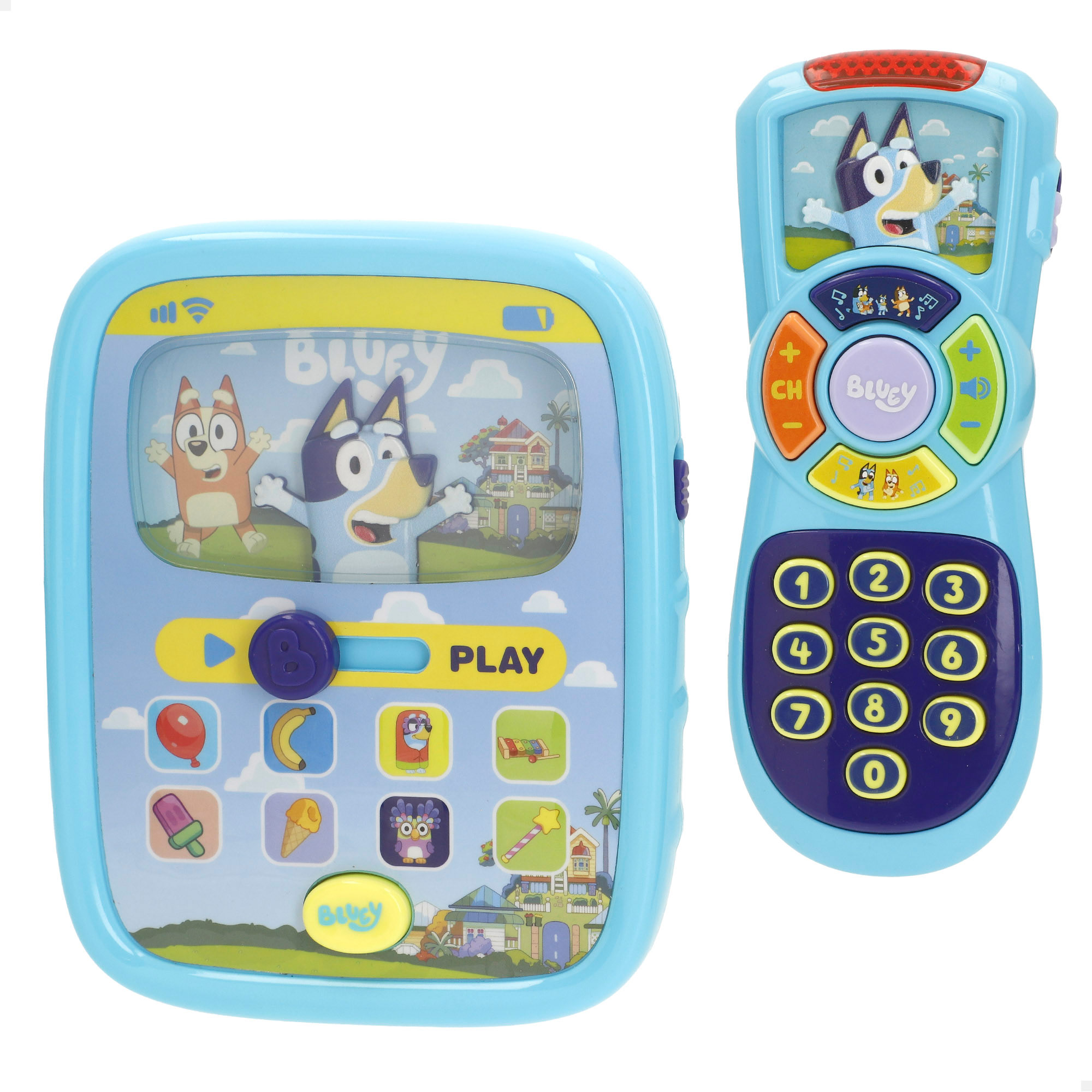 Bluey - Set tablet y mando interactivos con sonidos, luz y melodía, palabras en inglés, pilas incluidas, tablet bebes, mando a distancia, juguete musical para niños, juguetes de bebé, juguete primera infancia, regalos bebés 6 meses