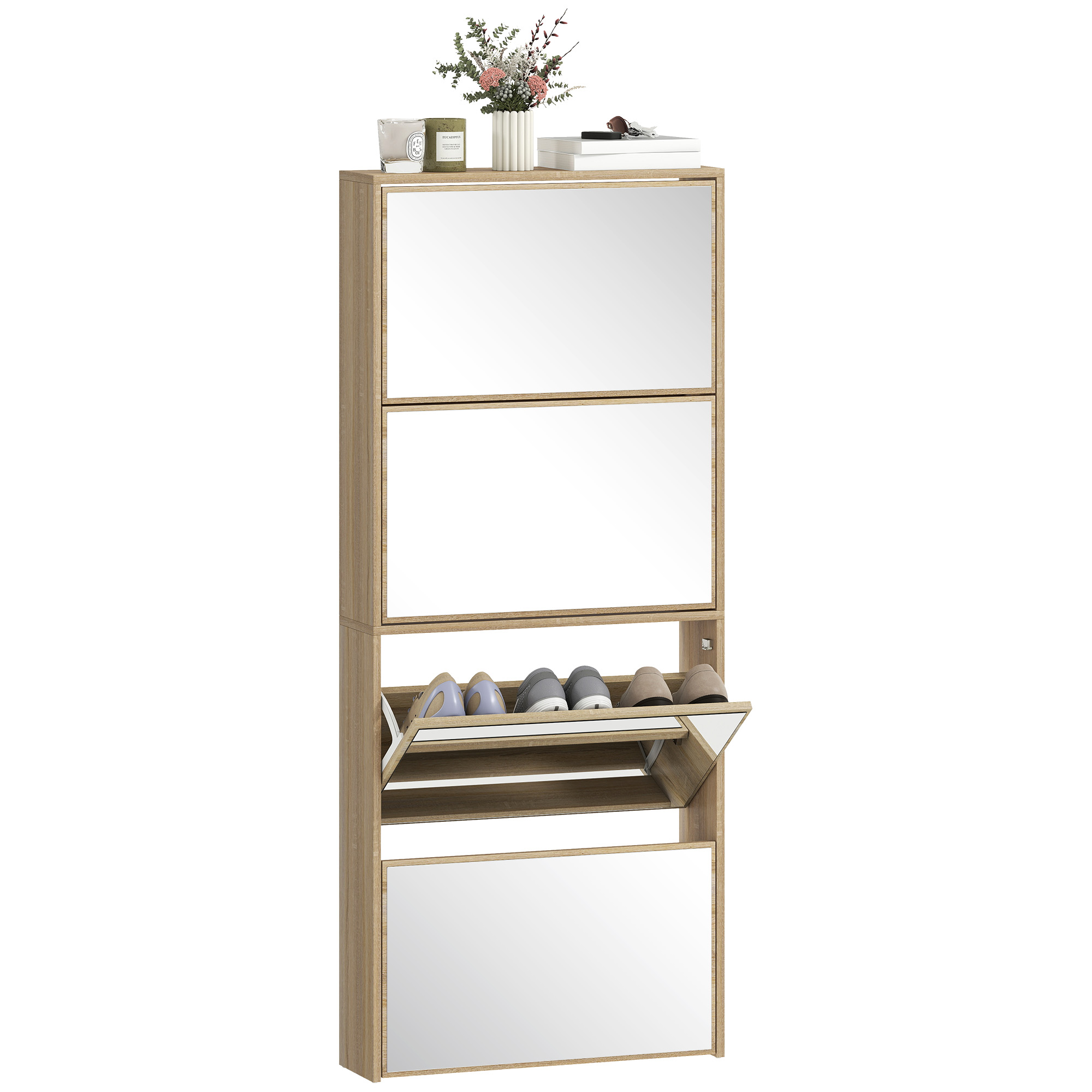 HOMCOM Zapatero Estrecho 4 Puertas con Espejo, Zapatero Entrada Recibidor, para 12 Pares de Zapatos, para Pasillo, Espacios Reducidos, 63x17x146 cm, Natural