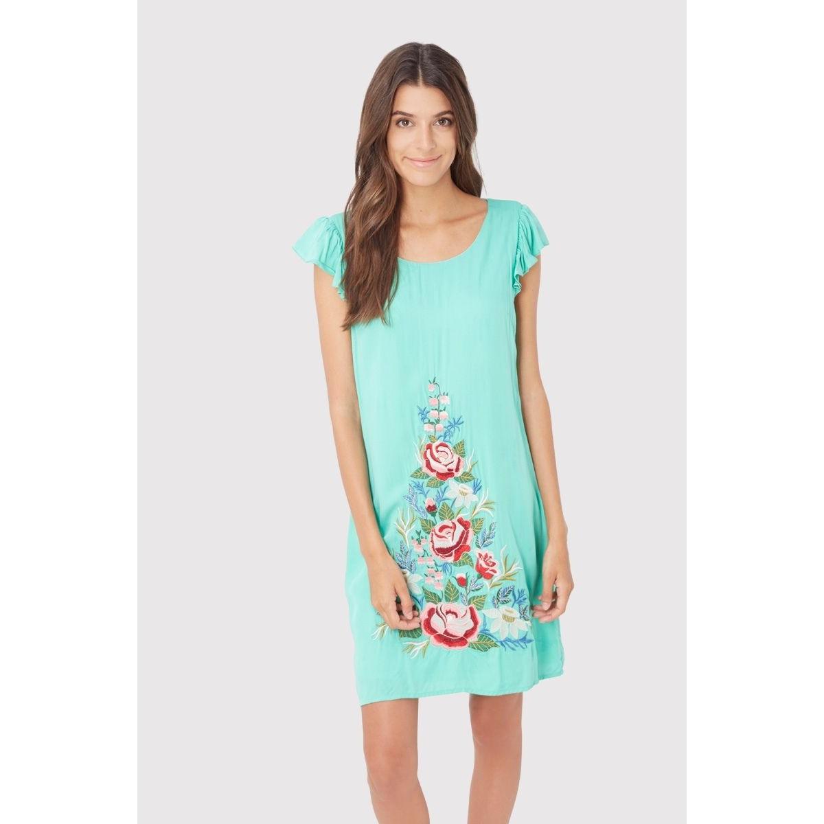 Vestido corto mujer casual floral dress modelo bordado manga corta tela ligera estilo fresco bohemio corte suelto moderno talla 38 verde agua cómodo ideal verano ✅Entrega 24/48h