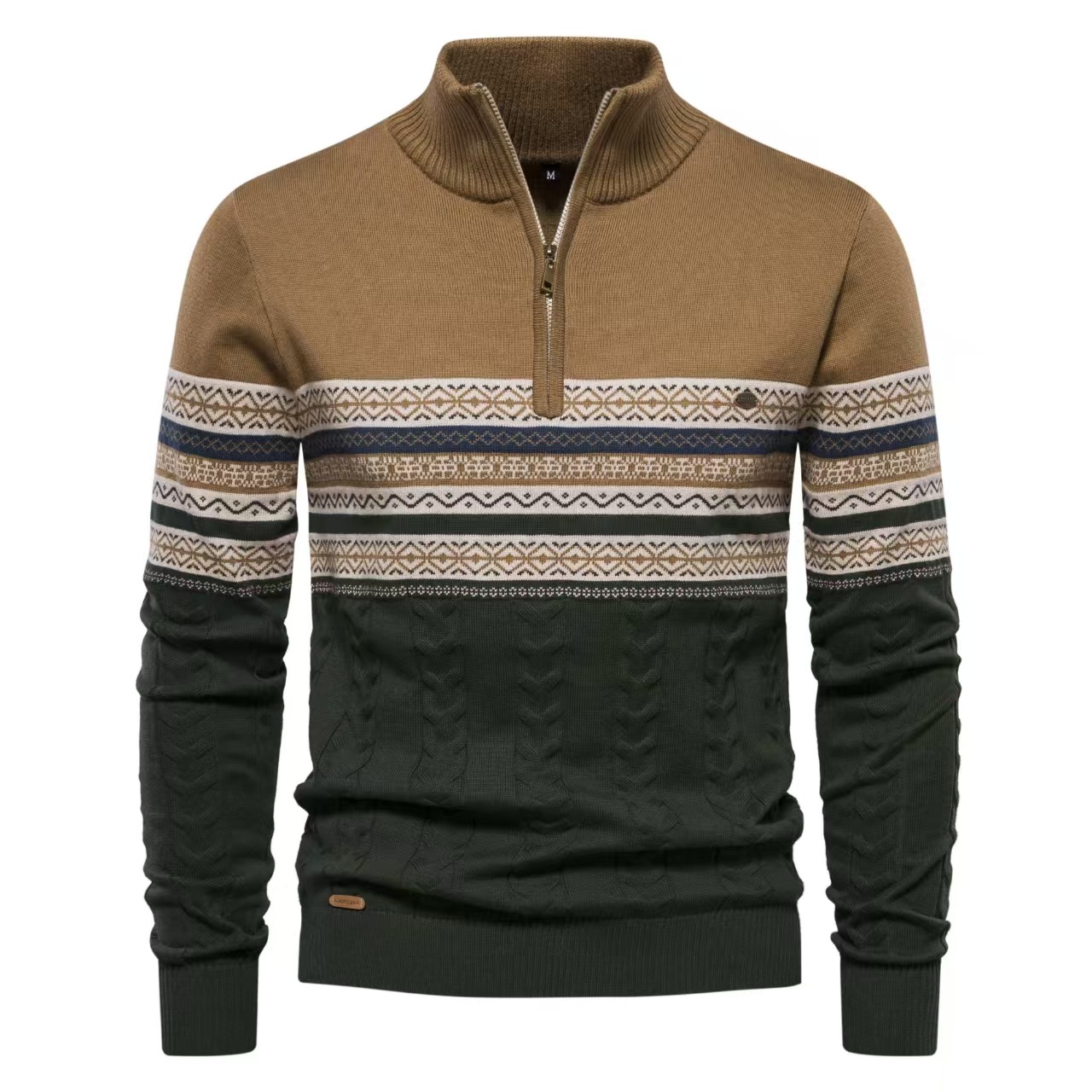TK Suéter de cuello alto para hombre, estilo otoño/invierno, con media cremallera, tejido de punto informal de algodón con patchwork.
