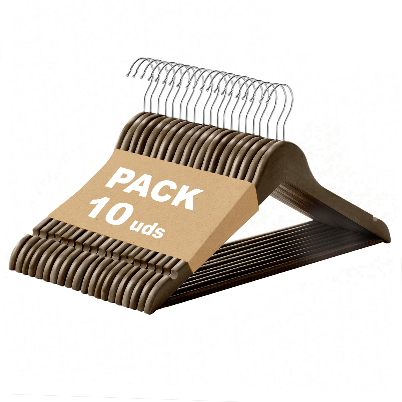 Pack de 10/20/40 Perchas de Madera Natural, Marrón, Blanco, Colgador con Barra Antideslizante para Pantalones para Trajes, Gancho Giratorio 360º y Muescas Antideslizantes para Vestidos.