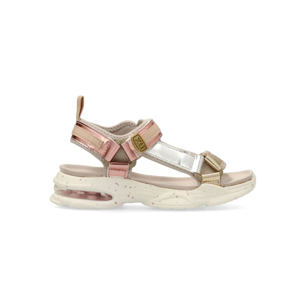XTI - Sandalia californiana sport niña de piel sintética metalizada con suela de goma ligera y cámara de aire, planta acolchada, diseño urbano cómodo y certificado vegano