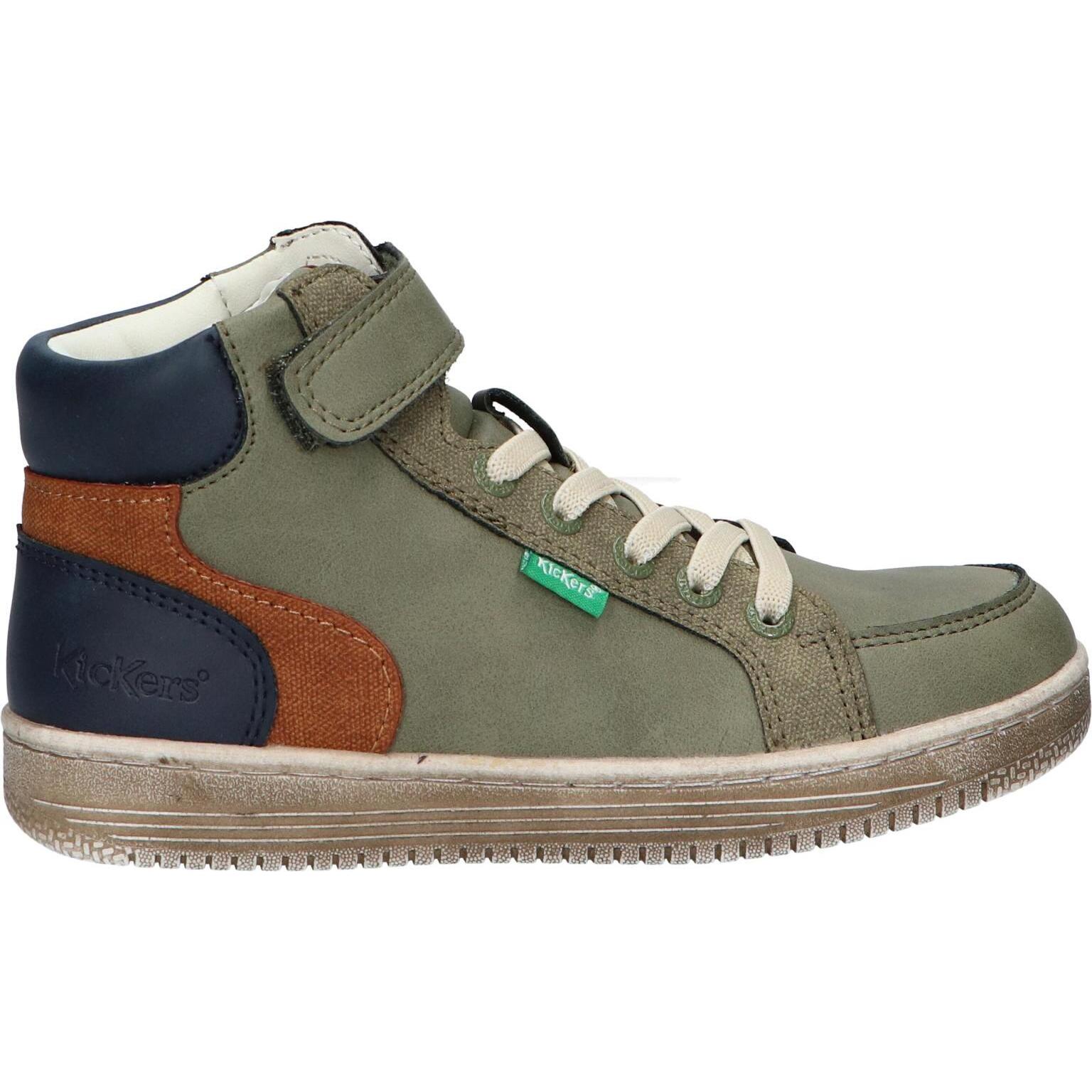 Kickers 972722-30 LOLASTIC 203 Kaki Orange Boys' ankle boots with cushioned insole, flexible anti-slip sole, perfect for Autumn/Winter outdoor activities, made from imitation leather.
