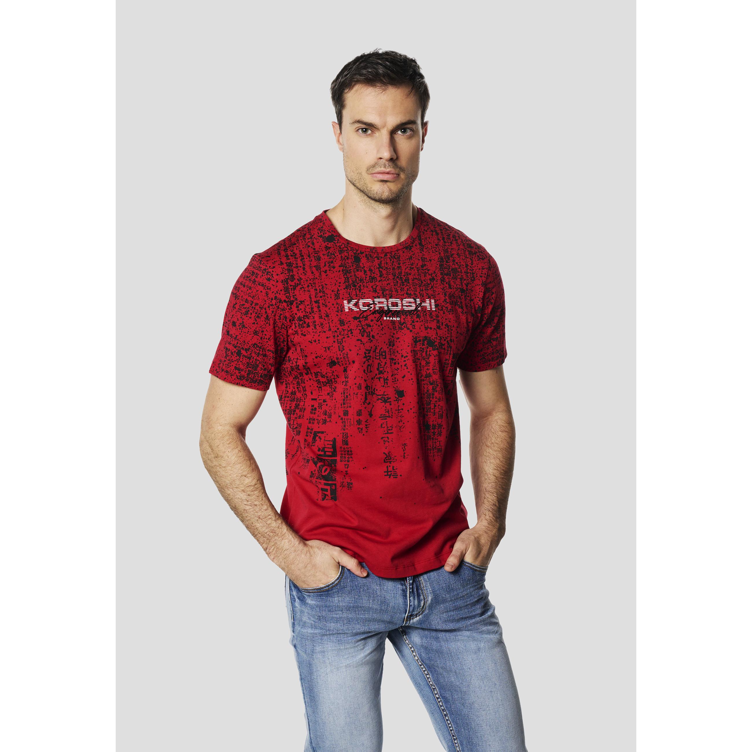 Koroshi - Camiseta hombre manga corta estampado all over grunge roja de algodón 100% con logo y caracteres japoneses para look urbano y festivales