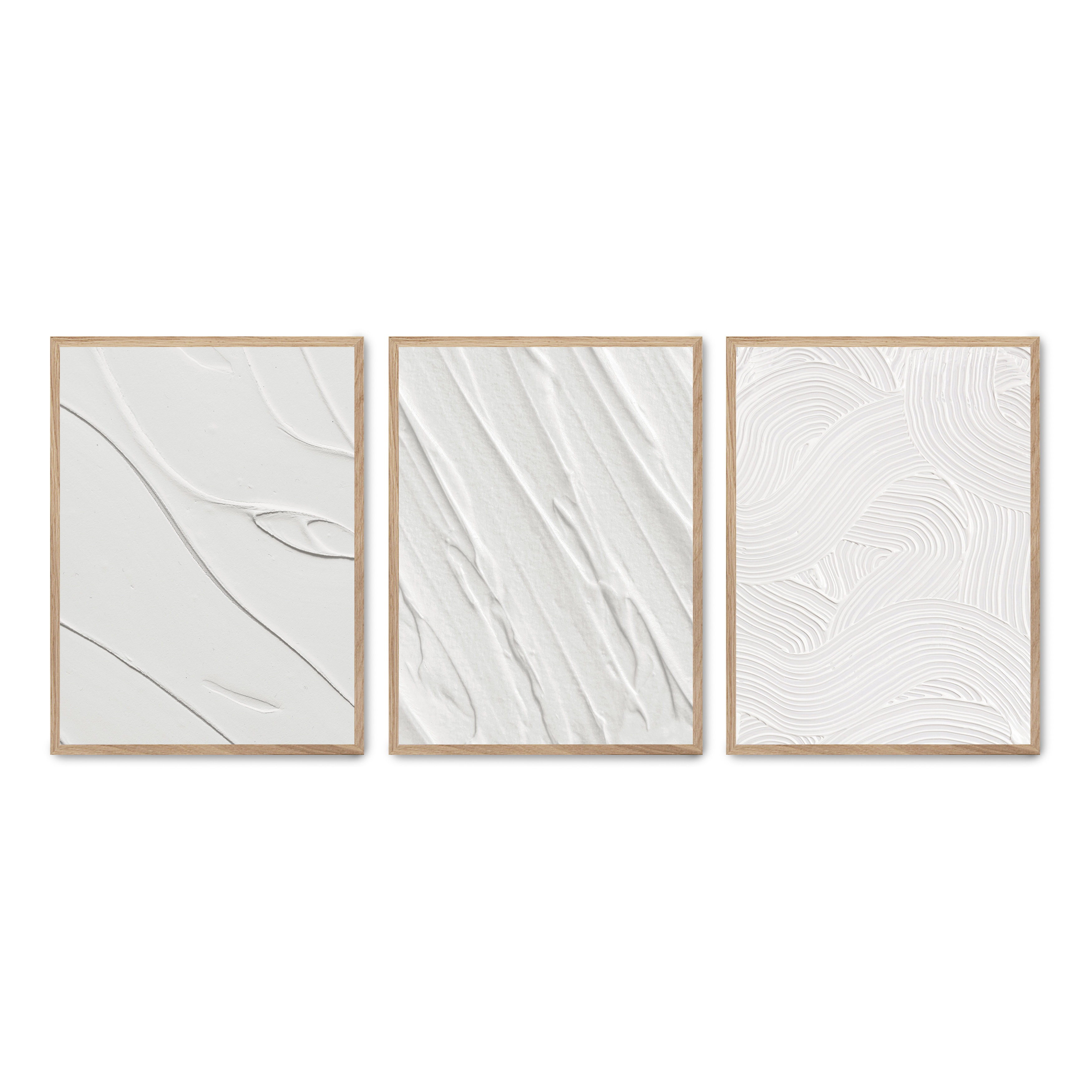 Set compuesto por tres cuadros con marco roble 30x40cm, Póster impreso en papel de calidad premium de 180gr, montado en marco de madera MDF con acabado en color roble, SETS