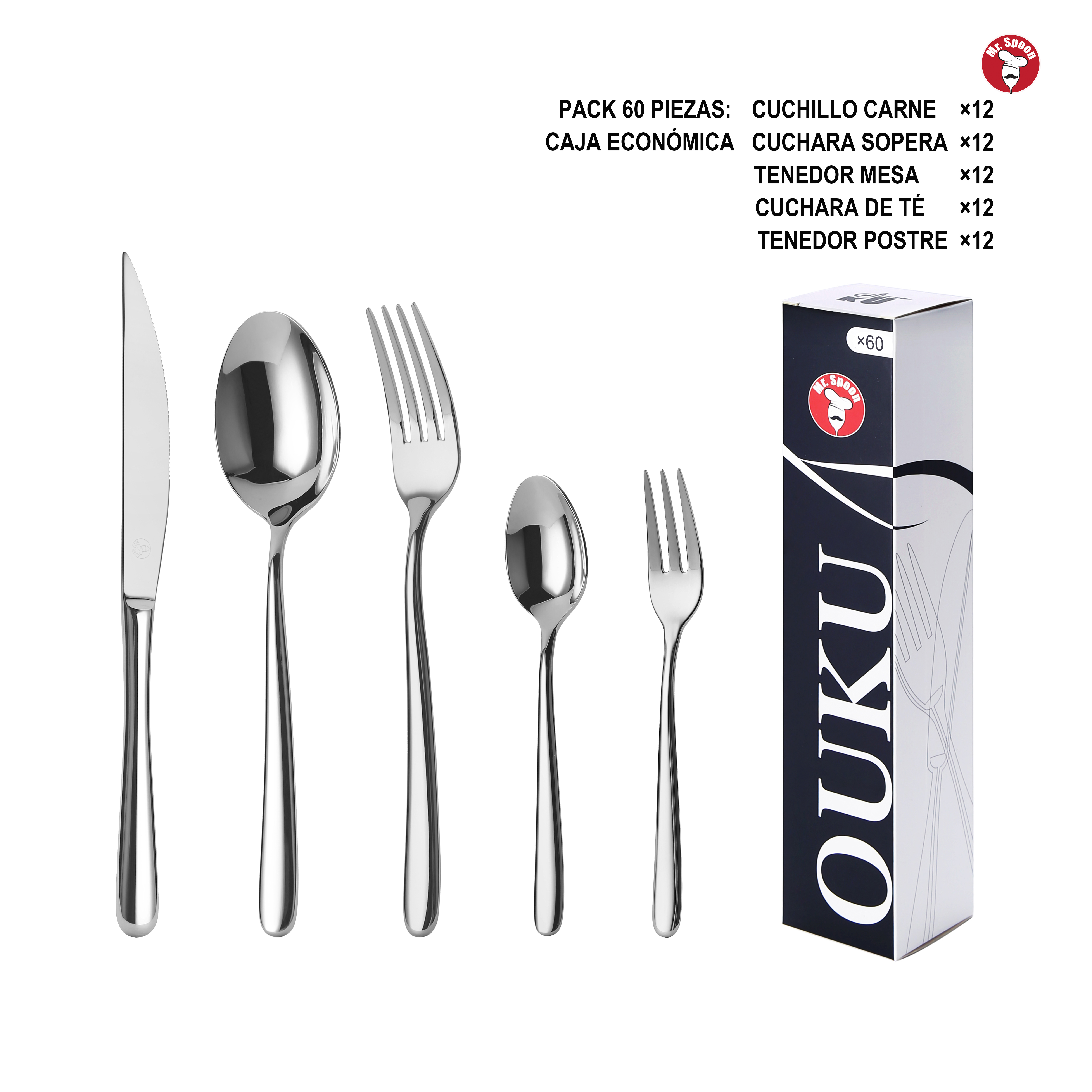 Mr.Spoon Serie Estrella Juego de 60 o 72 piezas cubiertos,Acero inox 18/10,Alta calidad y acabado,Incluye cuchillo carne o mesa,tenedor,cuchara,cucharilla,etc,Diseño moderno y elegante,Apto para lavavajillas,Caja ecológica,Para Casa,Hotel,Restaurante60521