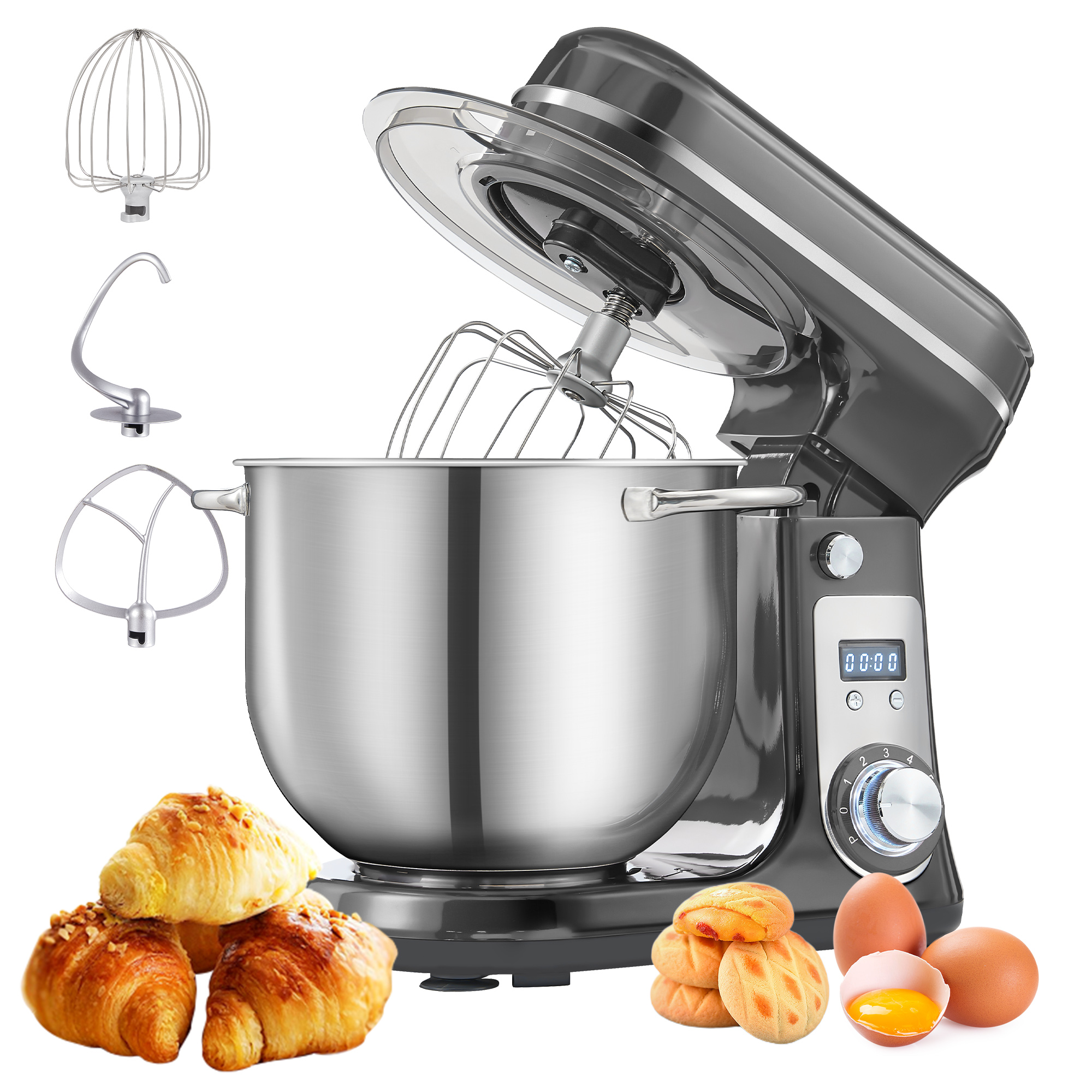 BioloMix BM601,Kitchen Electric Stand Mixer,6L Capacity,1200W DC Quiet/Motor,LCD Screen&timer,6+Pulse Speeds,LOW Noise≤60dB,Tilt-Head Design