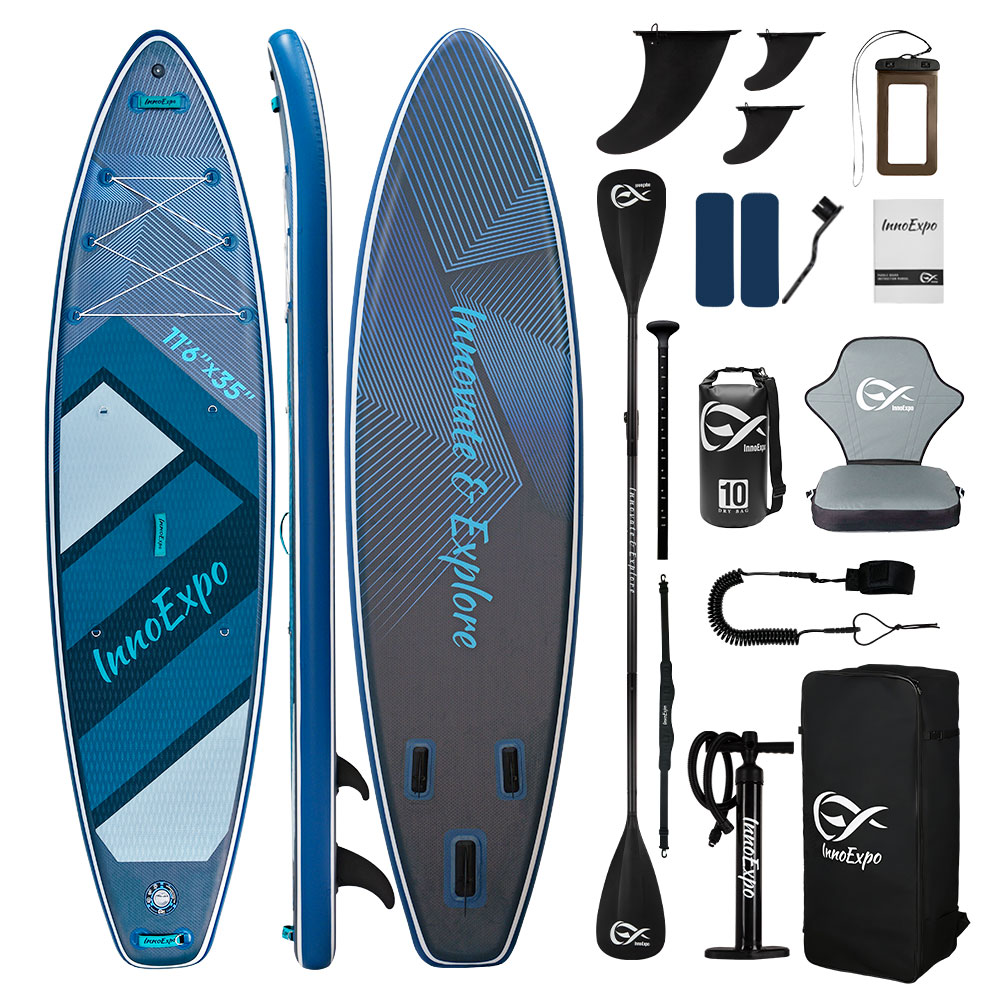 INNOEXPO,Inflatable Paddleboards,350*89*15cm,Non-silp EVA,230KG Weight Capacity,Inflation range 12-15PSI,with Go-pro Base,2-IN-1 Paddle,10L Waterproof Bag,Inflatable Seat,D-Rings For Shoulder Strap,Beginner Friendly