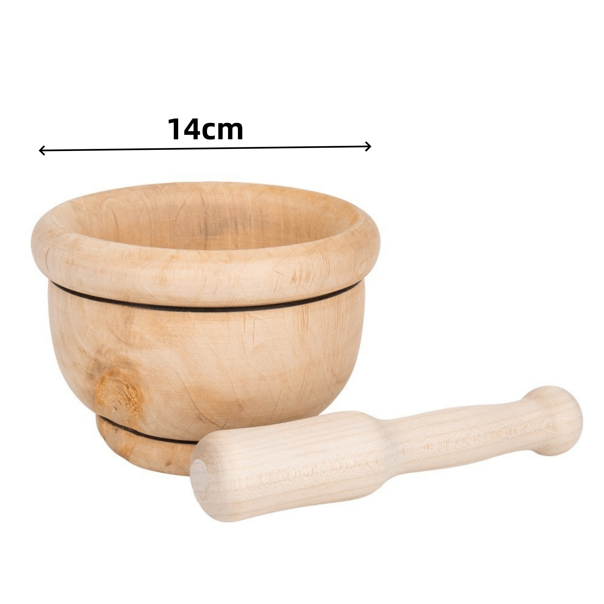 TopRed | Mortero de madera natural con mano de mortero, 3 tamaños 12/14/16 cm, molinillo para ajo, hierbas aromáticas, especias y pesto, utensilio de cocina tradicional