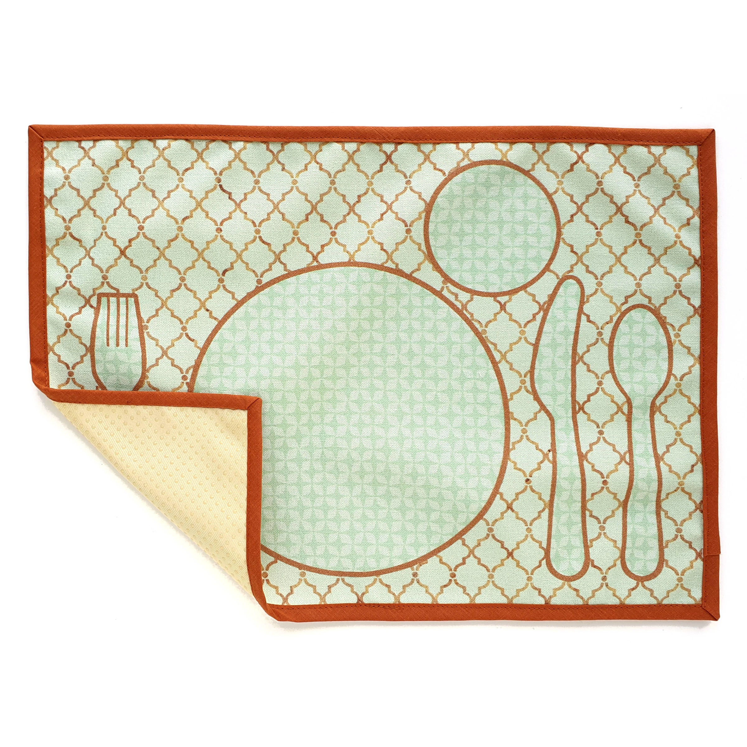 Mimia Montessori - Mantel individual de Algodón 100% Impermeable, Estampado verde menta, para aprender a poner la mesa, antimanchas, hecho a mano