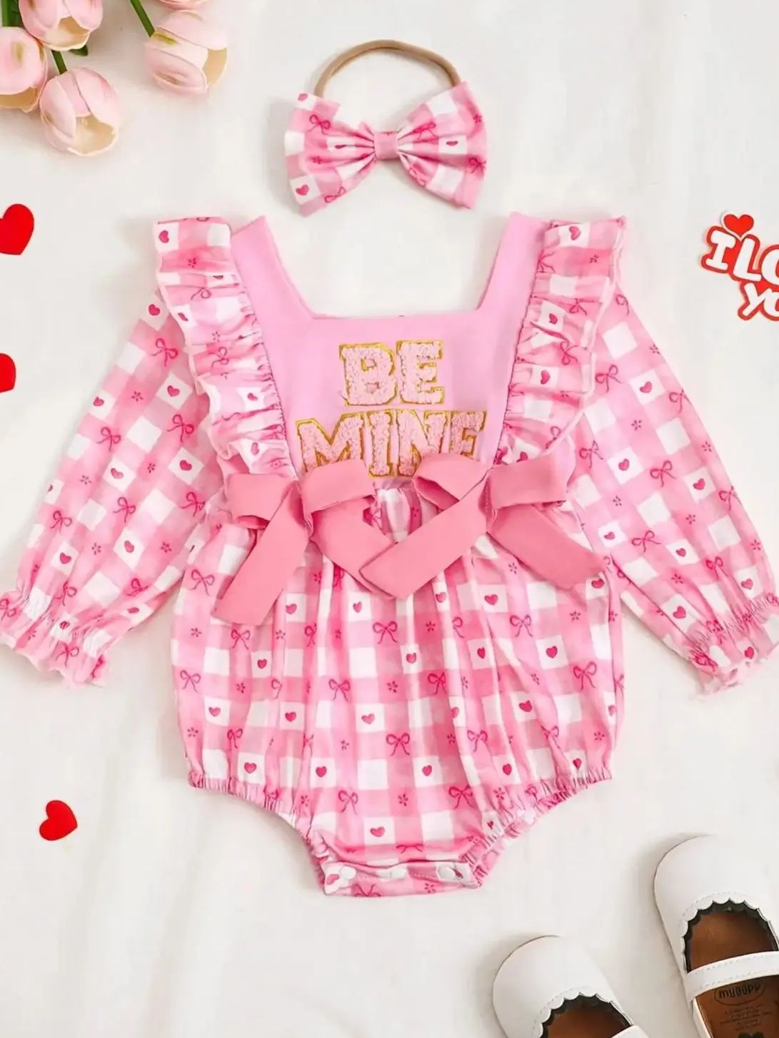 TK Conjunto De Romper Para Bebé Niña Con Cuello Triangular Y Accesorio De Cabeza En Cuadros Largo Manga Para Fotografía De Recién Nacidos