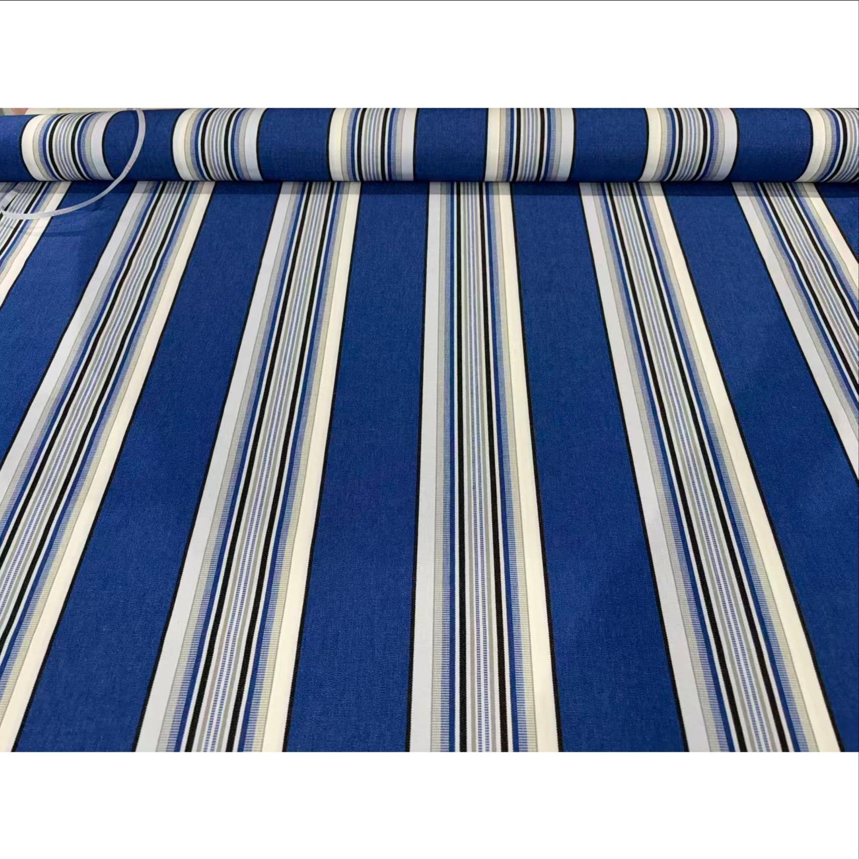 Tela para Toldo con Acabado Teflón - Diseño rayas azul, grises y negro - Disponible en 1m, 3 m, 5 m, 8m y 10 m