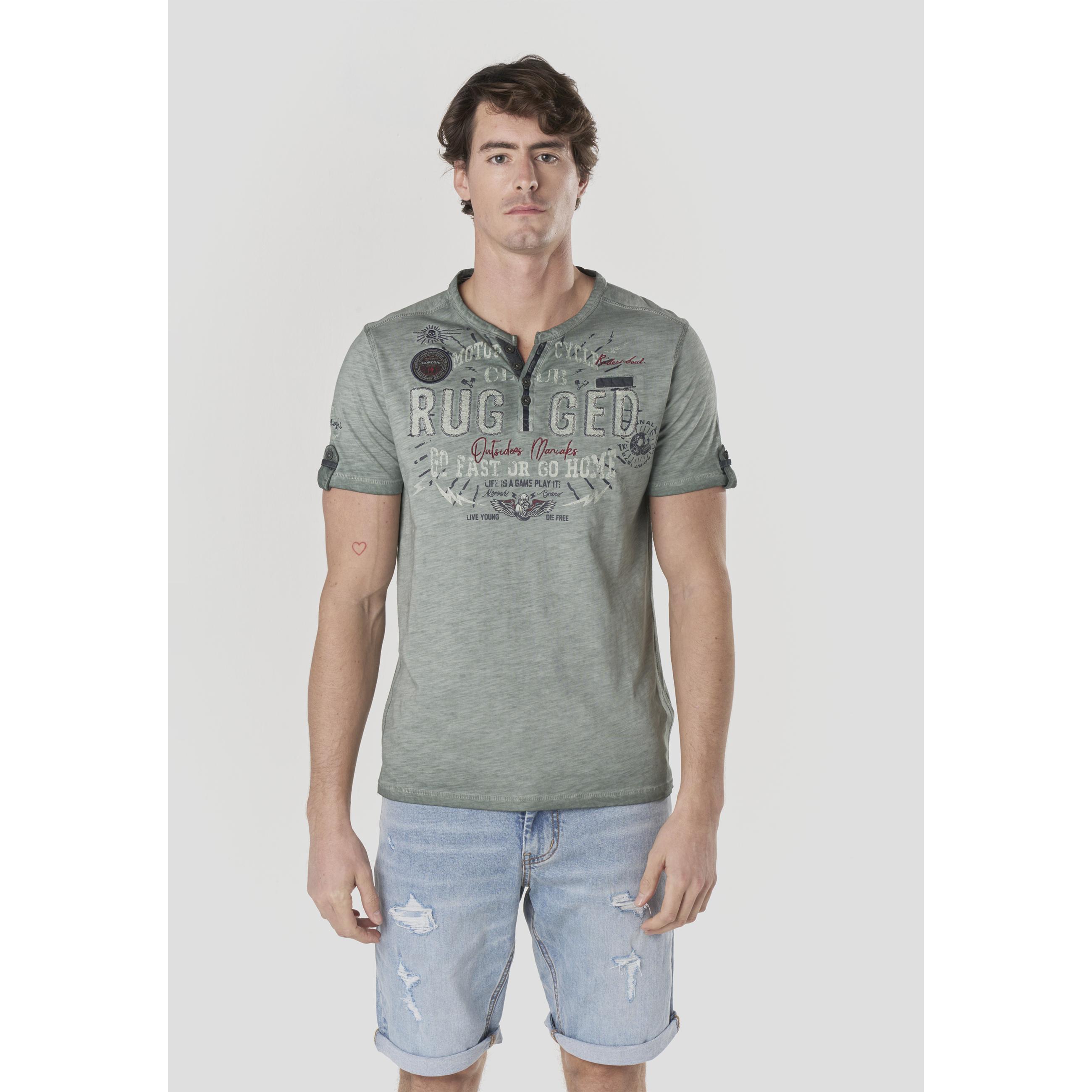 Koroshi - Camiseta hombre manga corta henley lavada de algodón 100 % con estampado vintage y parches bordados para look urbano verano