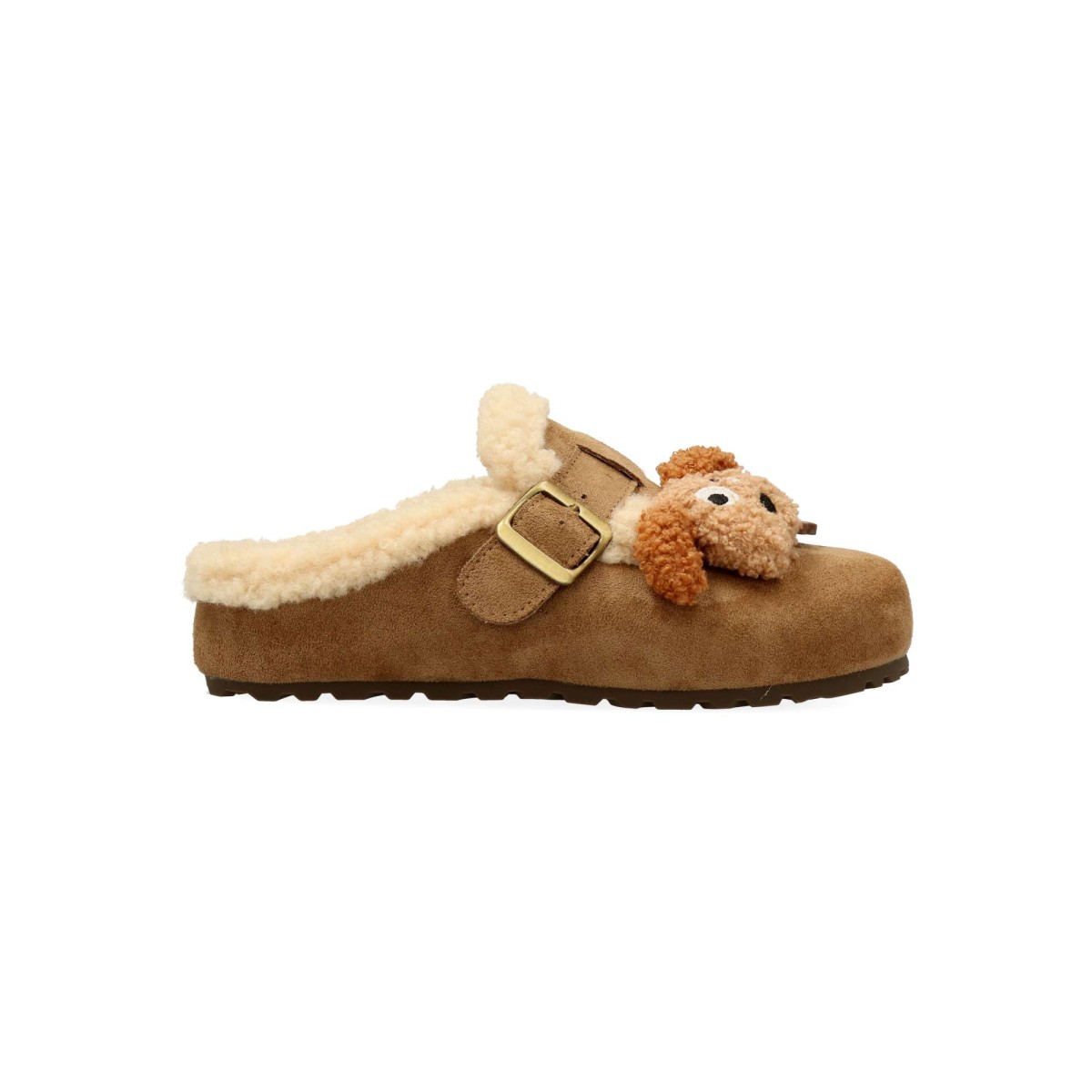 Xti - Zuecos de antelina para mujer con forro efecto borreguito y correa ajustable, diseño divertido animalito vegano color beige
