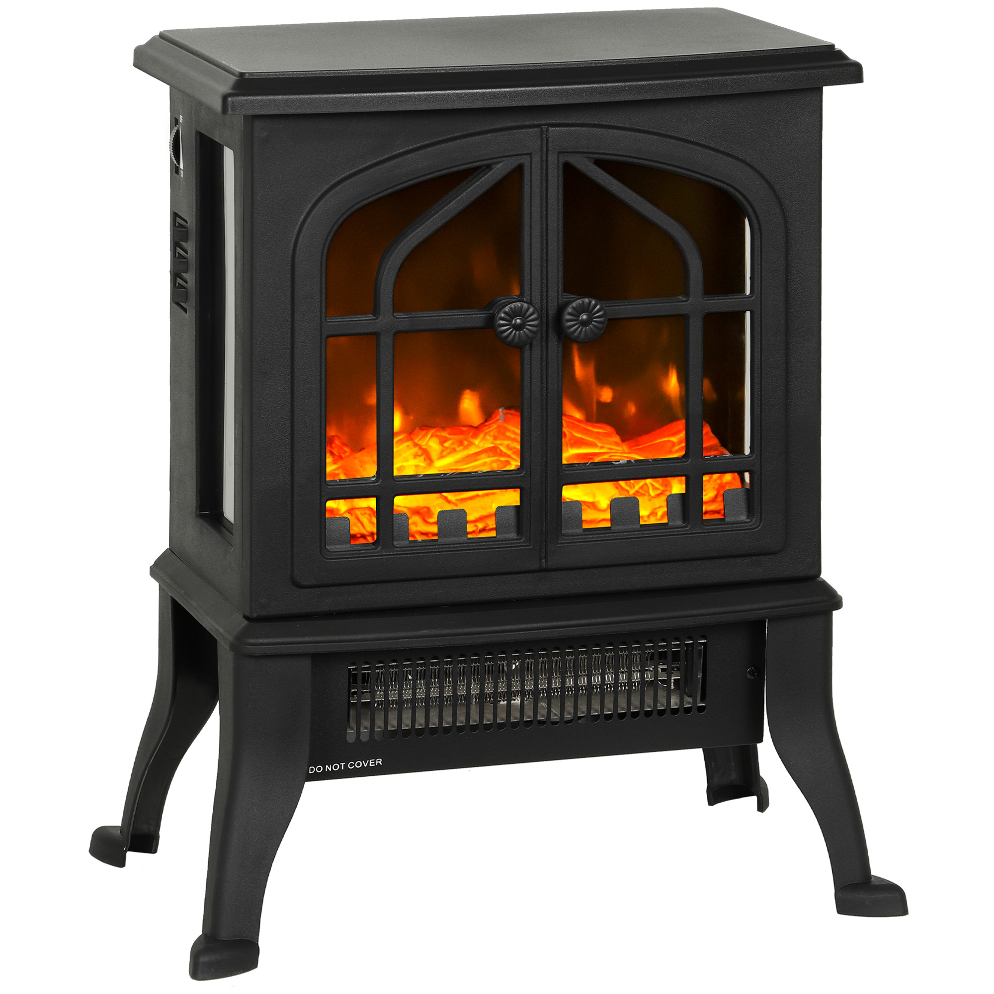 HOMCOM Chimenea Eléctrica de Pie, Chimenea Decorativa, 900/1800W, Efecto Llama 3D, 2 Niveles de Potencia, Termostato Ajustable, Ventanas Visibles, para 15-30 ㎡, Negro