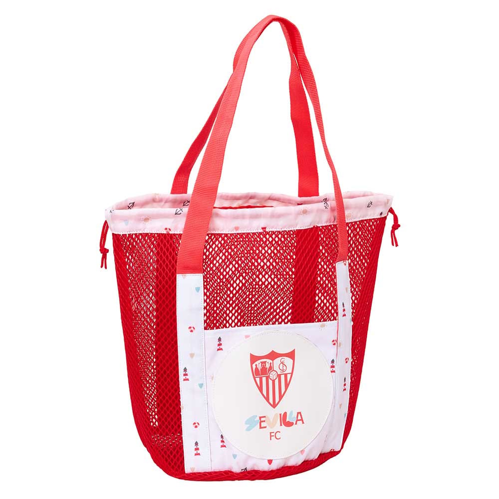 SAFTA | Bolsa Tote Sevilla FC, Compartimento de Gran Capacidad, Asas de Mano Resistentes, Bolsa Escolar y de Diario para Vuelta al Cole, Licencia Oficial, Color Beige con Logo Rojo