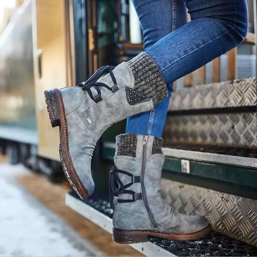 MOV Botas de cuero de mujer de Tubo Medio nuevo E invierno de Lana nuevas 43 Botas de Nieve Cálidos de gran tamaño