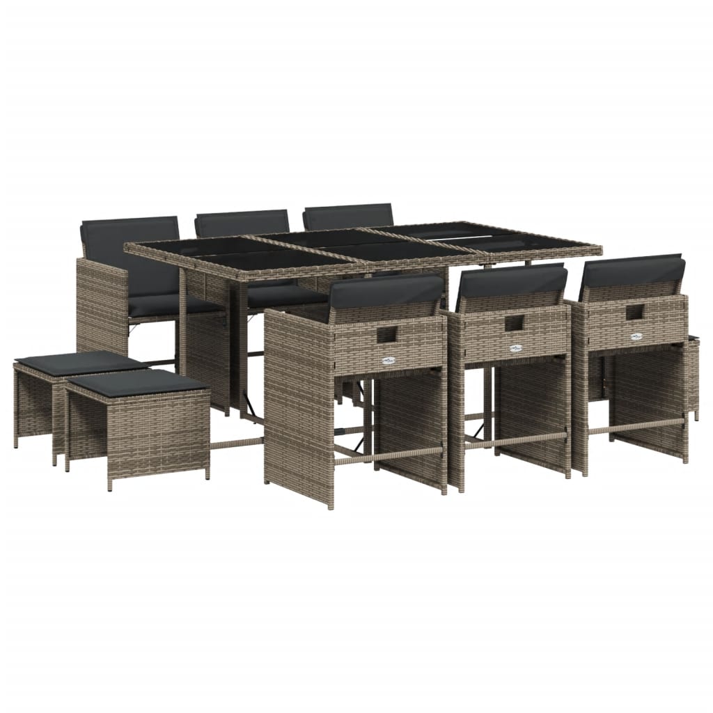 vidaXL Set de comedor de jardín 11 pzas y cojines ratán sintético gris