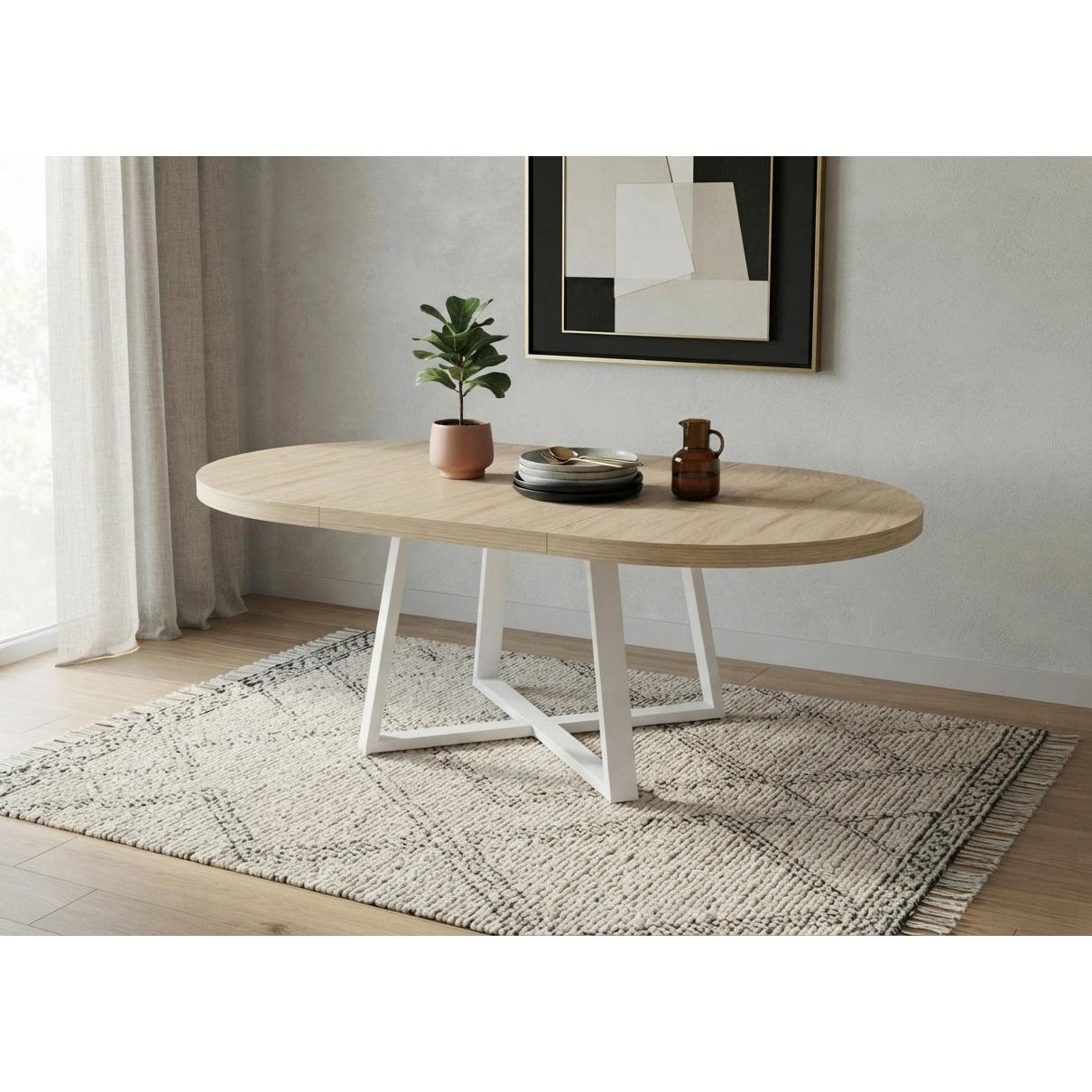 Mesa Redonda Extensible de Comedor 160cm, Roble y Blanco