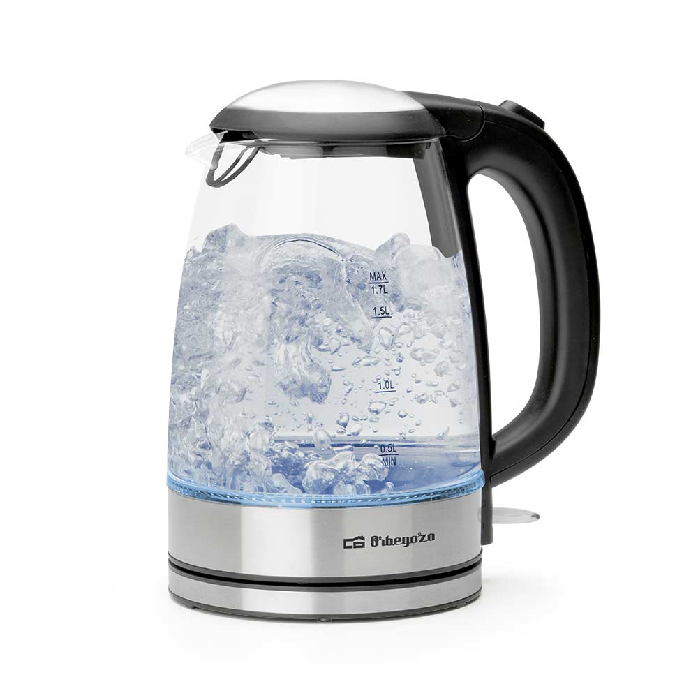 Orbegozo KT 6045 Hervidor de Agua de Cristal – Capacidad 1.7L, Potencia 1850-2200W, Vidrio Borosilicato, Iluminación LED Azul, Libre de BPA, Filtro Antical