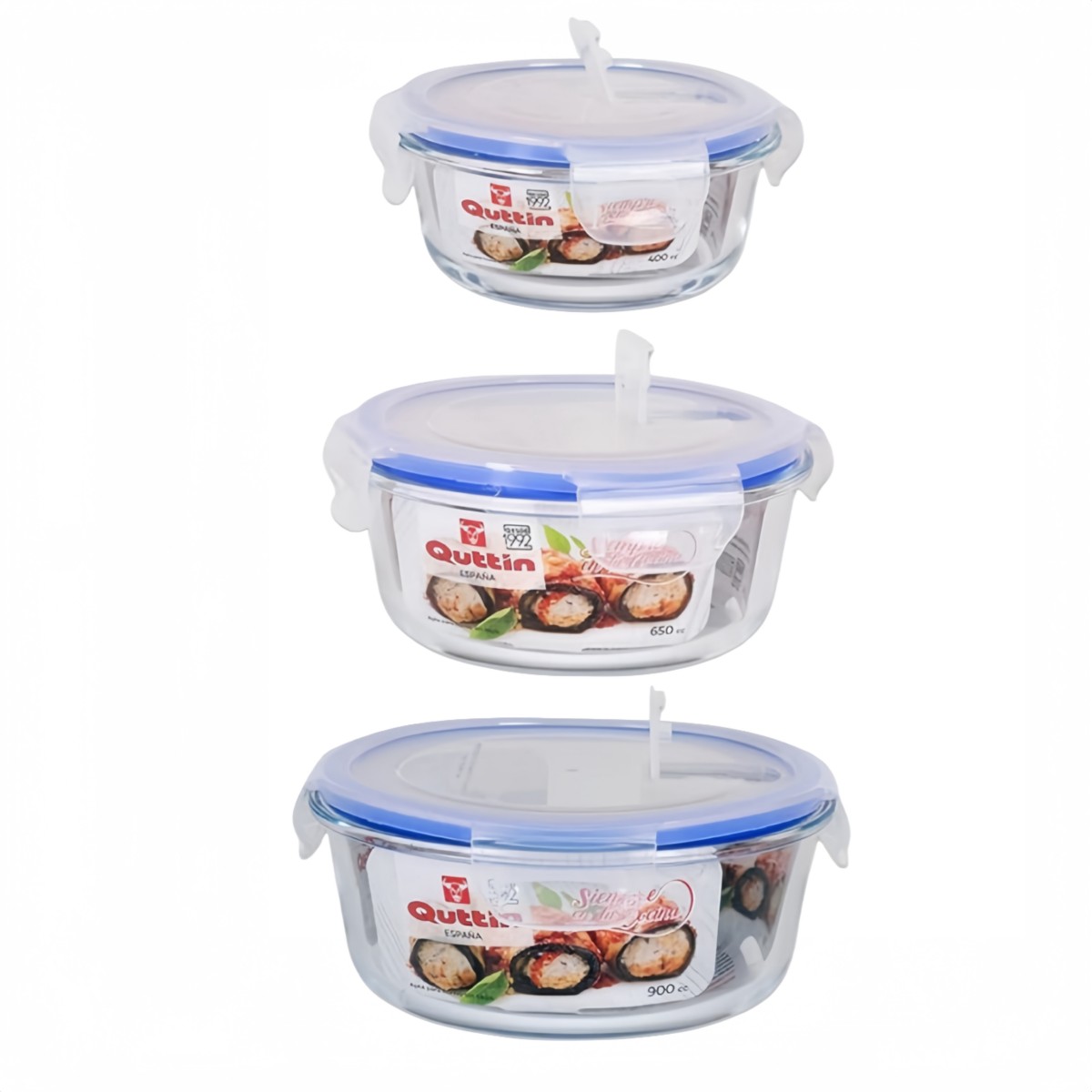 QUTTIN - Set 3 Fiambreras Redondas Vidrio Borosilicato con Tapa Hermética 400 ml + 650 ml + 900 ml | Amystyle