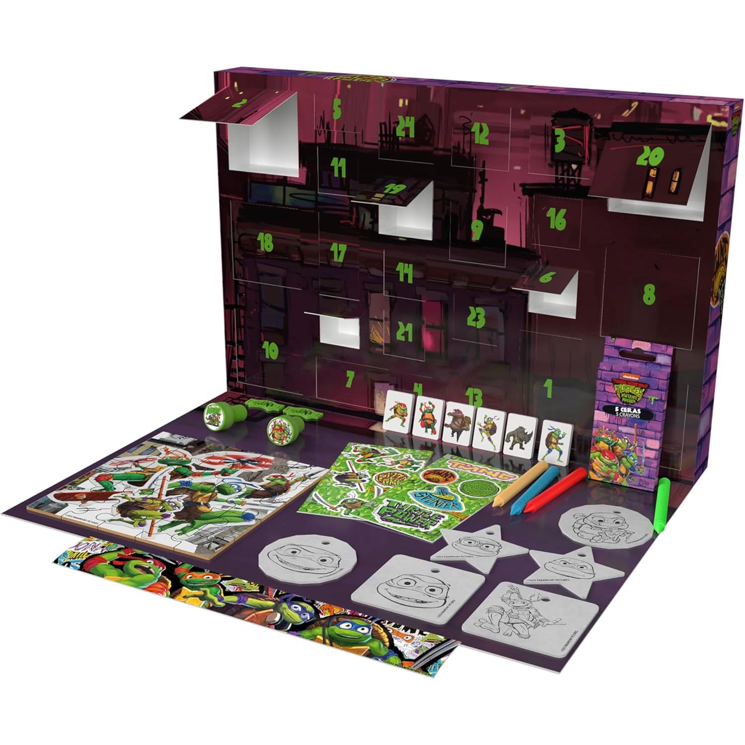 CYPBRANDS Calendario de Adviento Tortugas Ninja - Decoración Navideña con Regalos Diarios, Puzzles, Sellos y Brazalete, Producto Oficial Licenciado