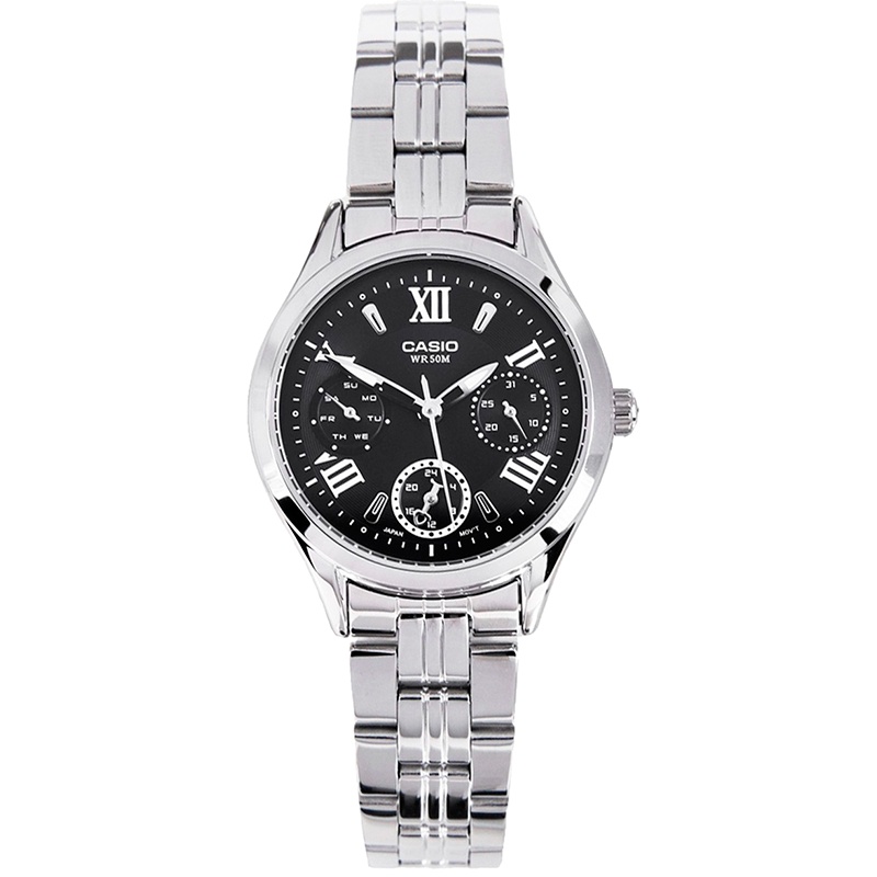 Casio Ltp-e-301d-1av  Reloj Para Para Mujer Color Plateado. Esfera Negra.