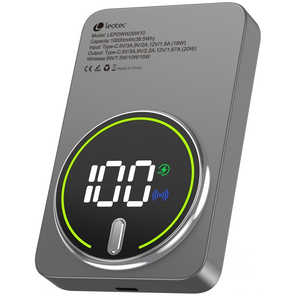 Leotec - Power Bank inalámbrico 10000mAh 20W con tecnología GaN y Adaptive Fast Charging, ideal para carga rápida de smartphones y dispositivos compatibles, color gris