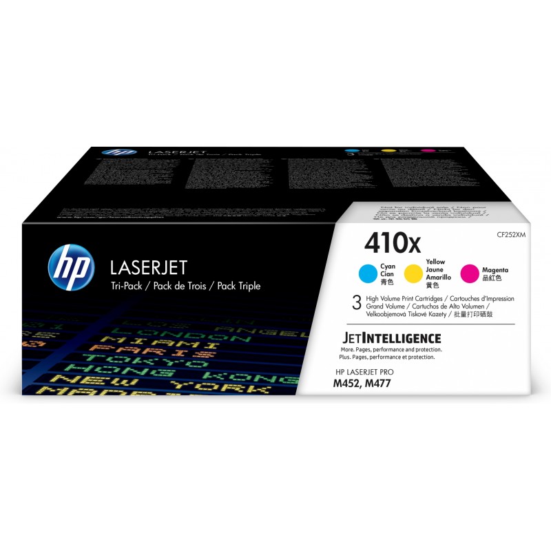 HP - Paquete de 3 cartuchos de tóner cian/magenta/amarillo Originales LaserJet 410X de alta capacidad CF252XM