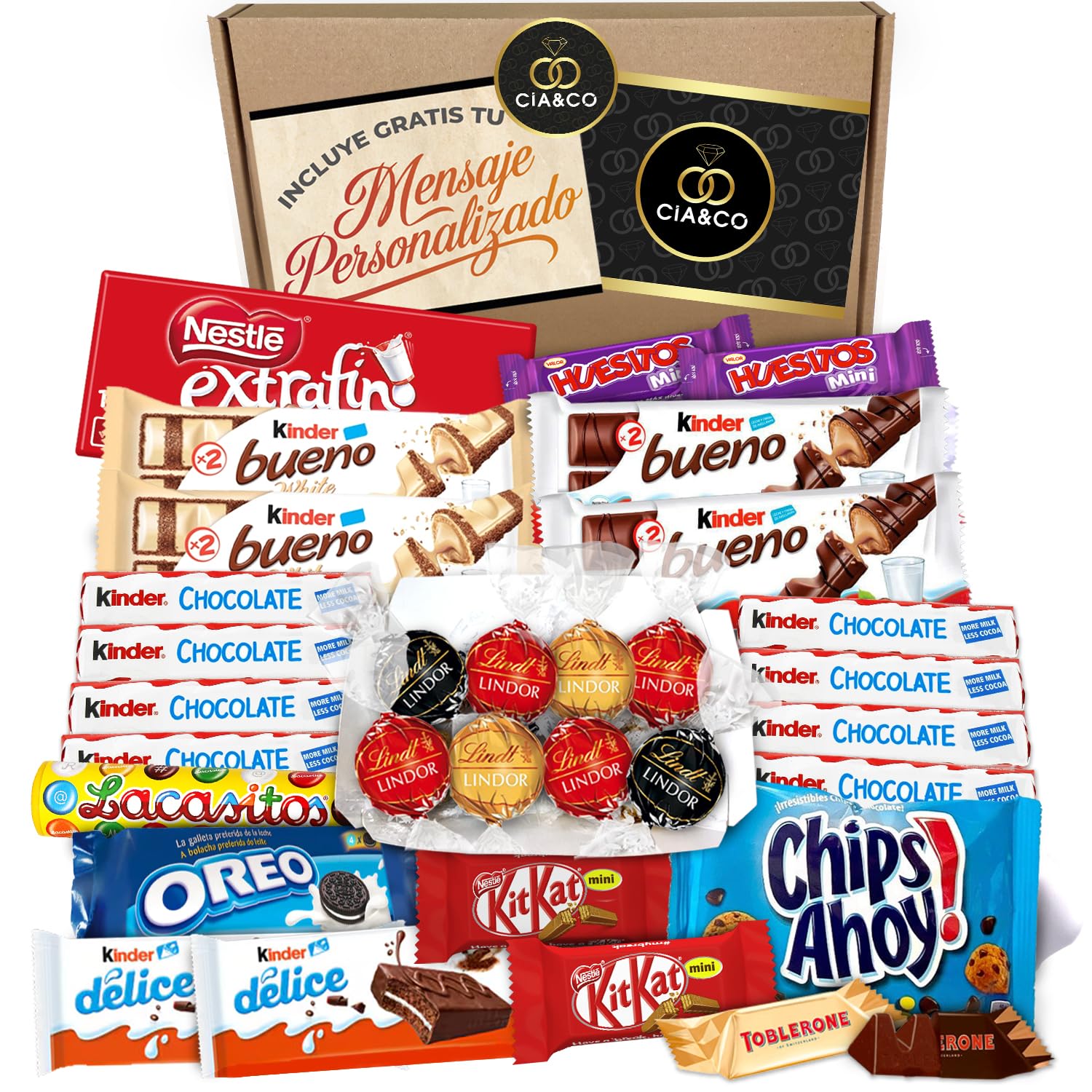 Lote Regalo con +35 Bombones y Chocolates Premium Cia&Co. Un surtido de lujo con Lindt Lindor, Kinder Bueno, Toblerone y más, con tarjeta personalizable.