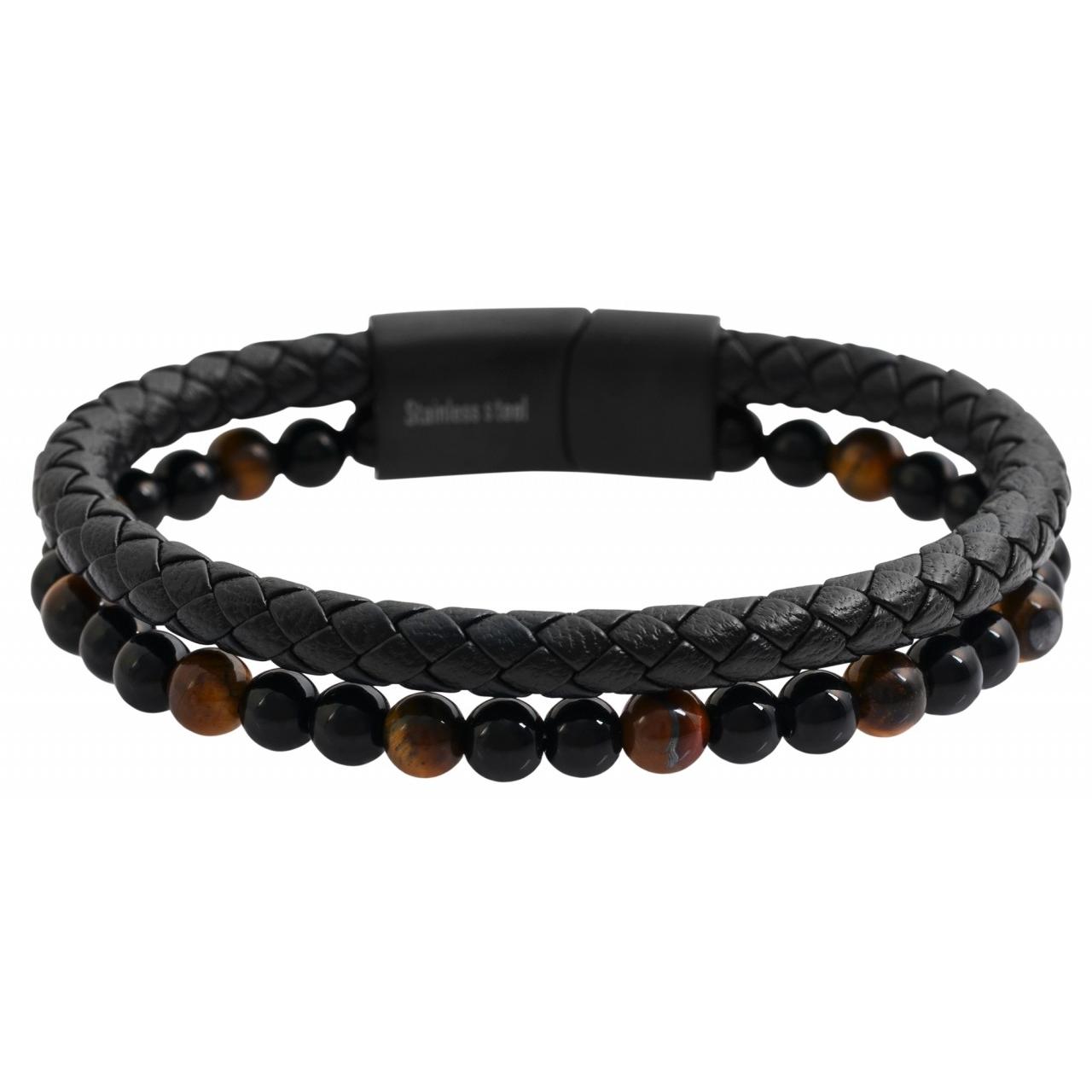 Akzent® Pulsera em Couro Genuíno com Contas Olho de Tigre