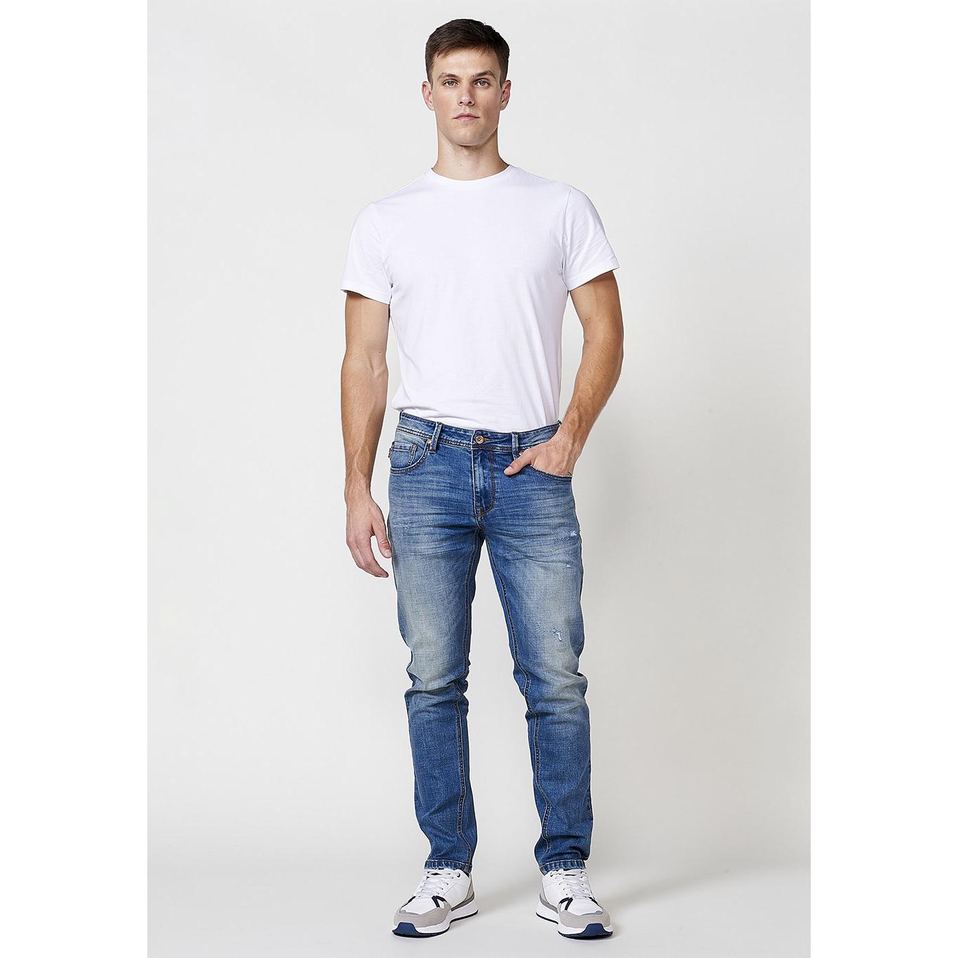 Koroshi - Pantalón vaquero hombre straight regular fit de algodón y elastano con cinco bolsillos, lavado medio azul para look casual o semi formal