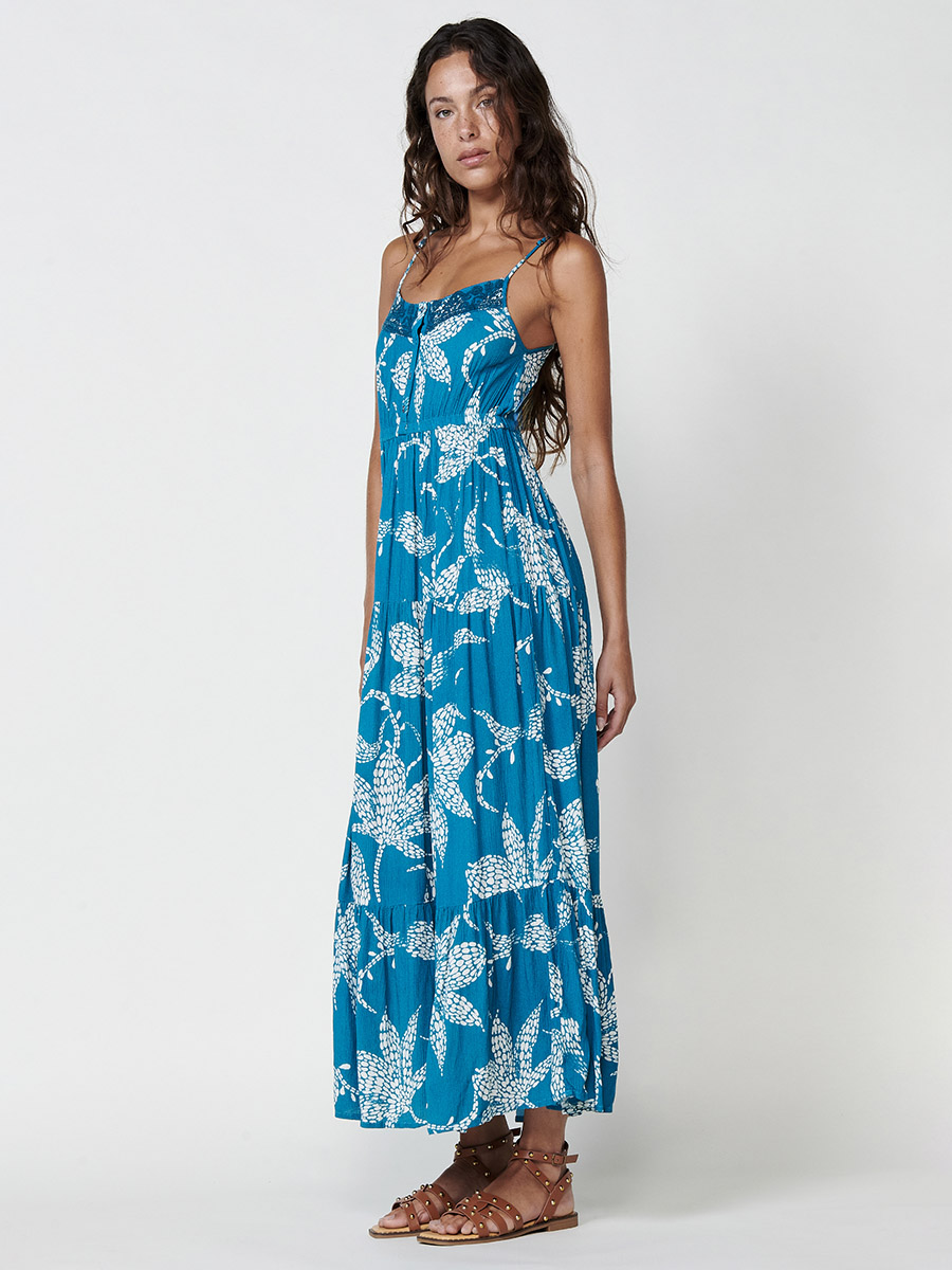 Koroshi - Vestido largo de viscosa estampado floral azul con espalda descubierta y tirantes regulables para verano y eventos al aire libre