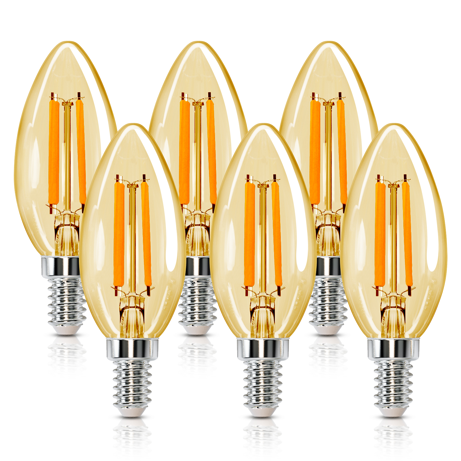 Aigostar Bombilla LED vela Edison 6W/8W, Casquillo Fino E14, Luz Cálida 2200K, Bombilla LED Vintage Decorativa C35 de Filamento, No Regulable, Cristal ámbar, Pack 6