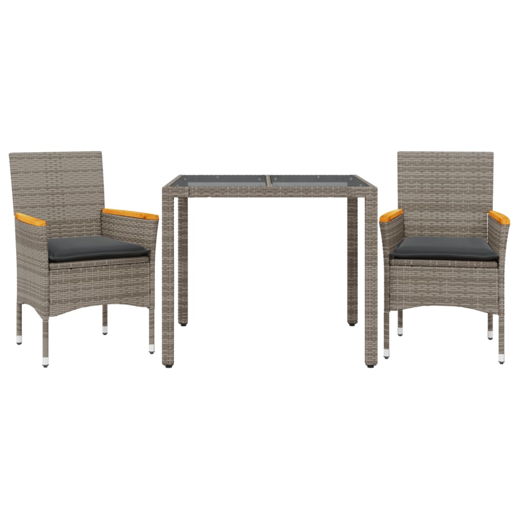 vidaXL Set comedor jardín 3 pzas y cojines ratán sintético vidrio gris