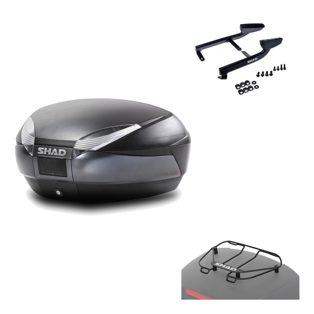 Baul Trasero + Herraje Montaje + Parrilla Portabultos Sh48 Dark Grey Premium KIT-190038