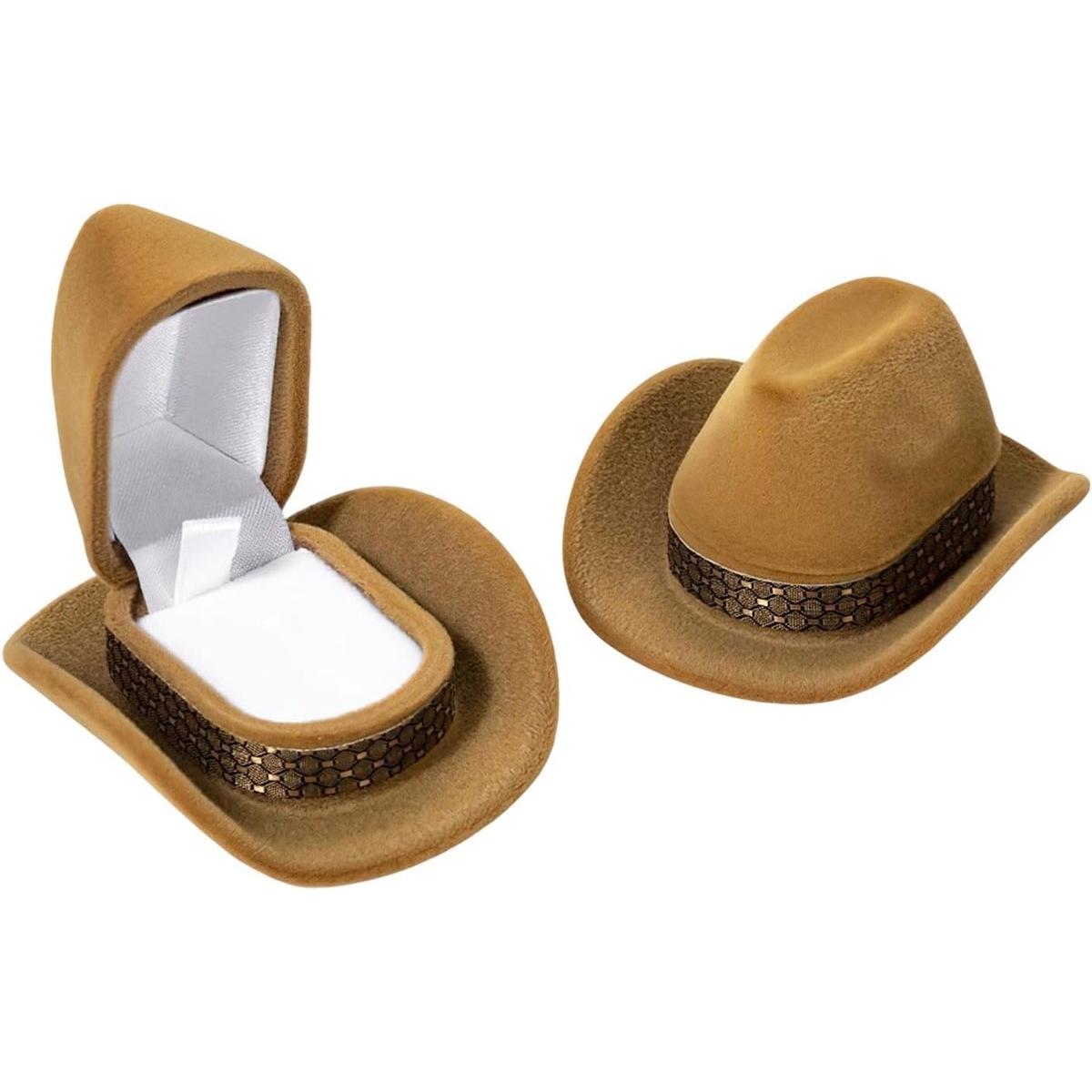 Joyero único con forma de sombrero de vaquero - Caja de terciopelo estilo western para anillos - Regalo original para la novia y el compromiso - Marrón
