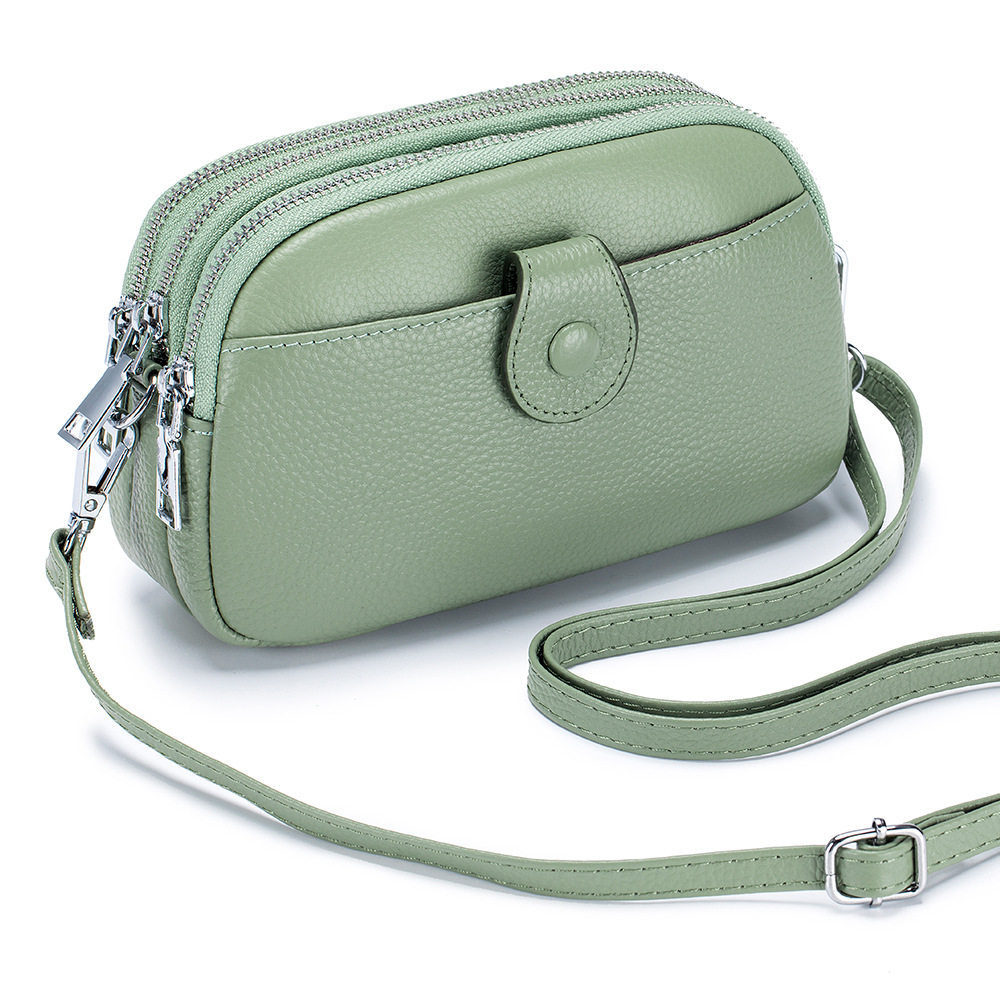 Bolso bandolera pequeño de piel auténtica para mujer, 3 compartimentos con cremallera, 1 bolsillo frontal