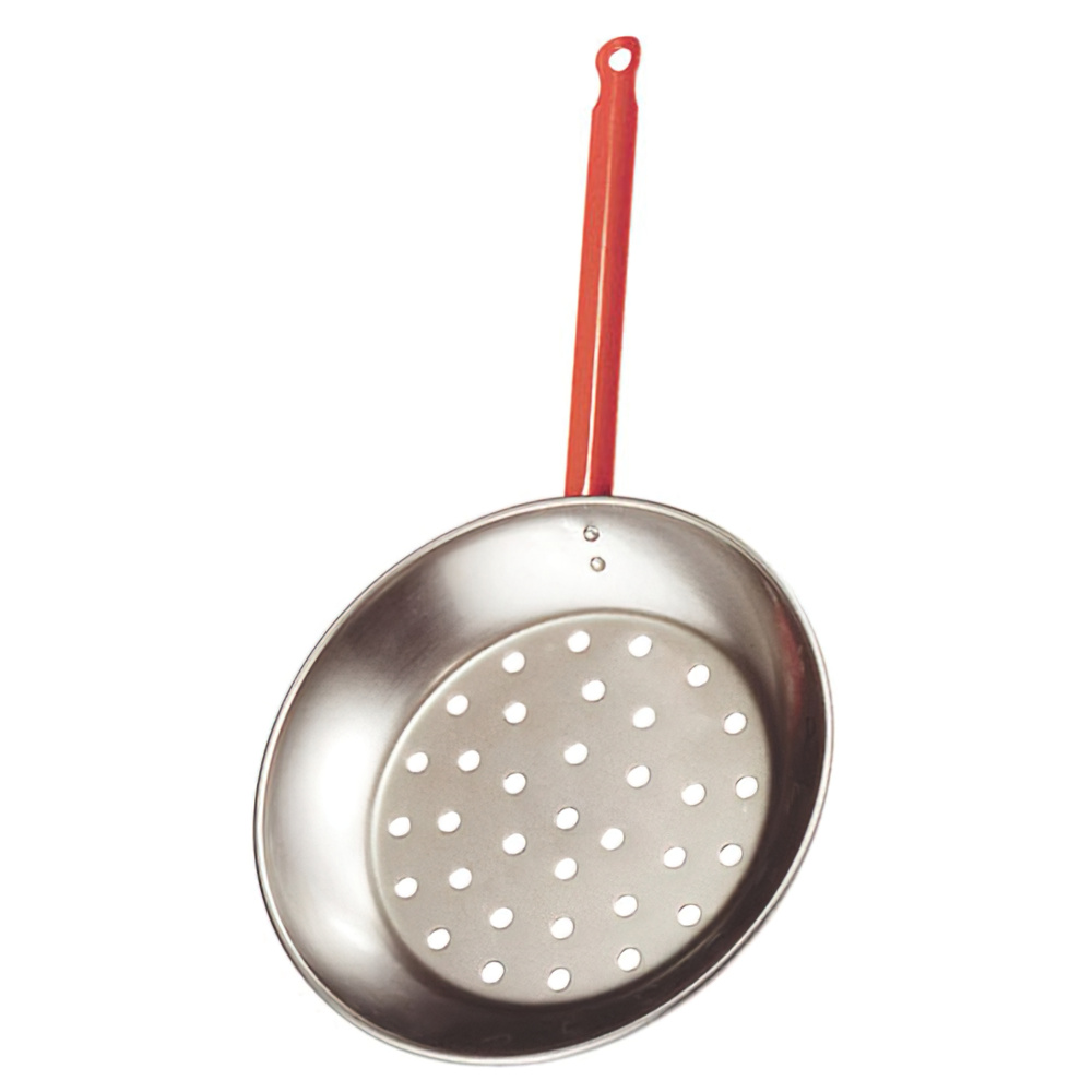 GARCIMA Sartén Castañera Perforada 28 cm | Sartén para Asar Castañas en Fuego Directo, Gas, Barbacoa y Leña | Chapa de Acero con Fondo Agujereado y Mango Rojo Aislante