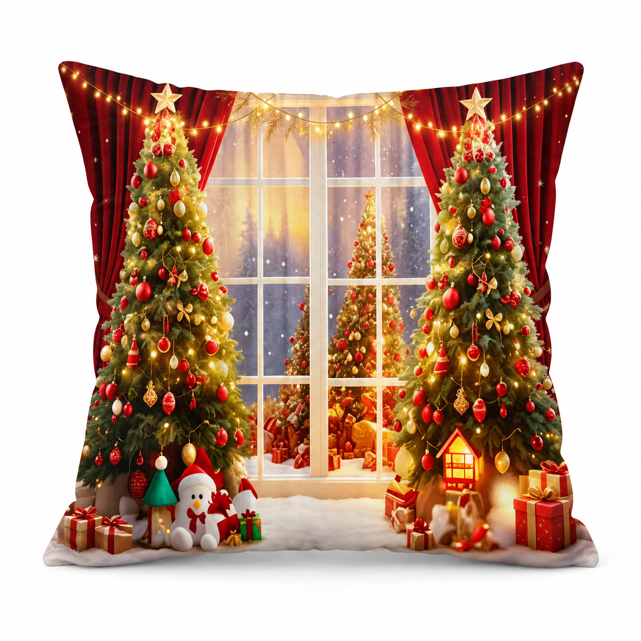 Cortina de Navidad 140 x 260 cm con estampado 2D de árboles y copos de nieve, ojales integrados para barra — ideal para salón, dormitorio o comedor