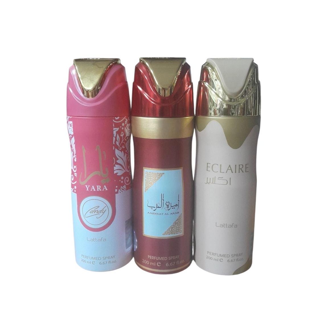PACK 3 UNIADES - DESODORANTES PARA MUJER - AMEERAT AL ARAB , ECLAIRE 200 ML , YARA CANDY 200 ML - LATTAFA  SET 3 UNI