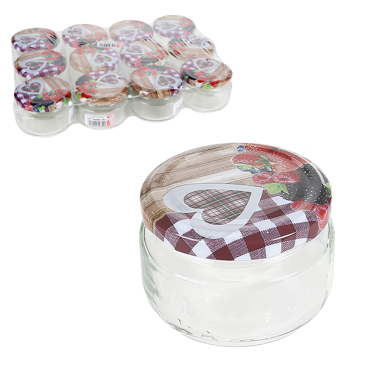 Tarros de cristal con tapa decorada de frutas, cierre hermético y resistente, pack de 6, 12 o 24 unidades para legumbres, arroz y fideos — aptos para lavavajillas y uso doméstico o profesional